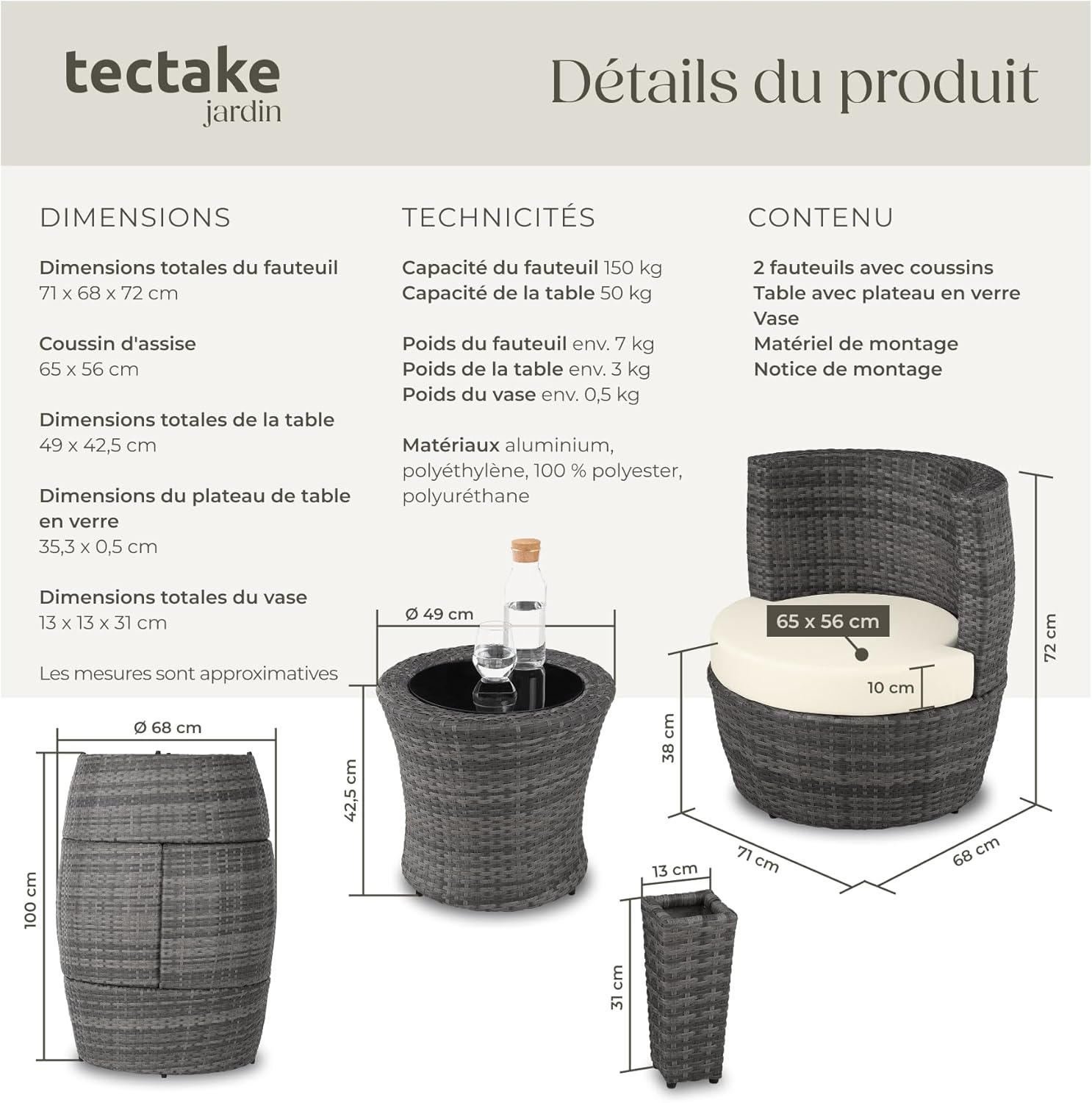 tectake - Salon de jardin encastrable 2 places - Aluminium, polyrotin, coussins et pot de fleur - Idéal balcon terrasse