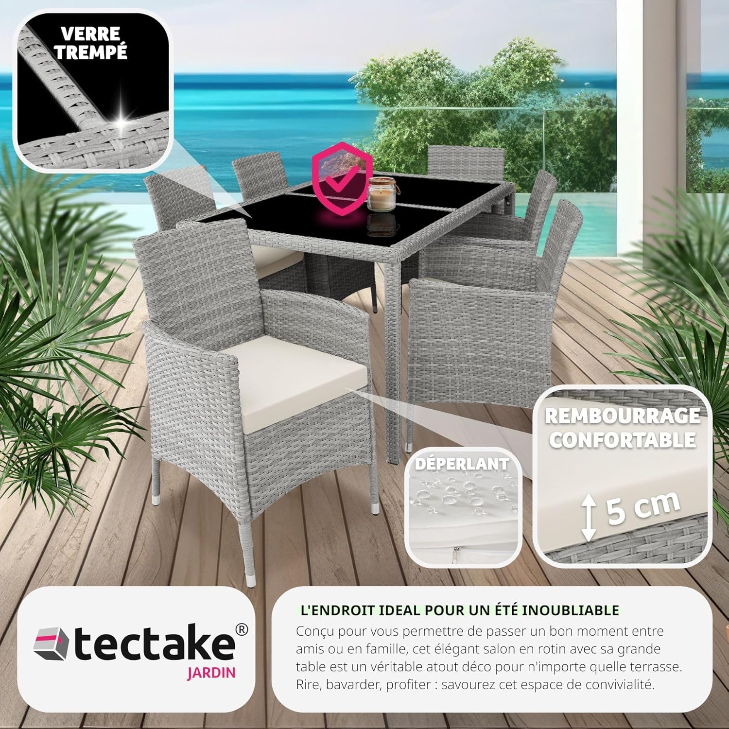 tectake - Salon jardin poly rotin, table et 6 chaises, UV, gris clair/crème