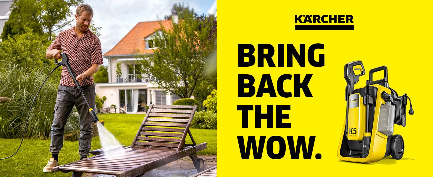 Le texte indique « etevila » et « BRING THE WOW ». Publicité montrant de l'équipement de nettoyage extérieur utilisé sur les meubles et les surfaces de patio.