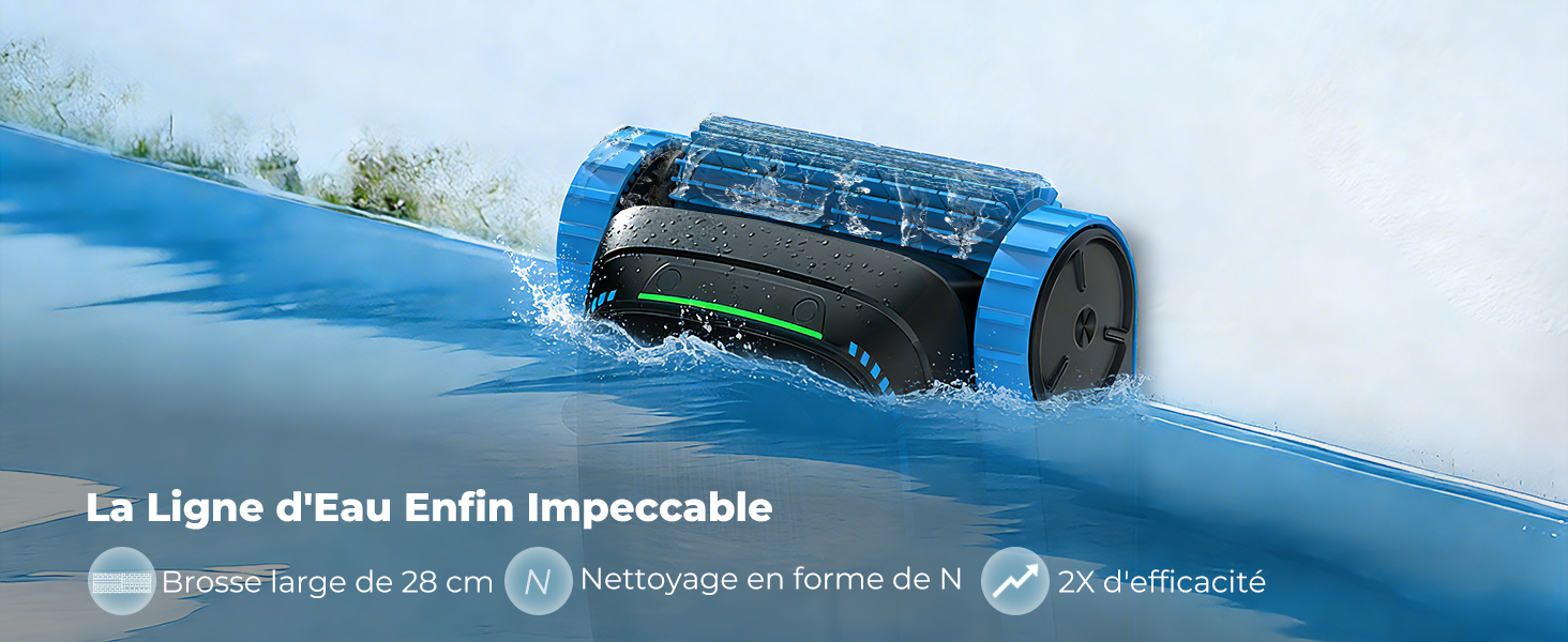 Le texte indique « La Ligne d'eau enfin impeccable ». Robot de nettoyage de piscine montré sous l'eau, se déplaçant le long du fond de la piscine avec un fond d'eau bleu.