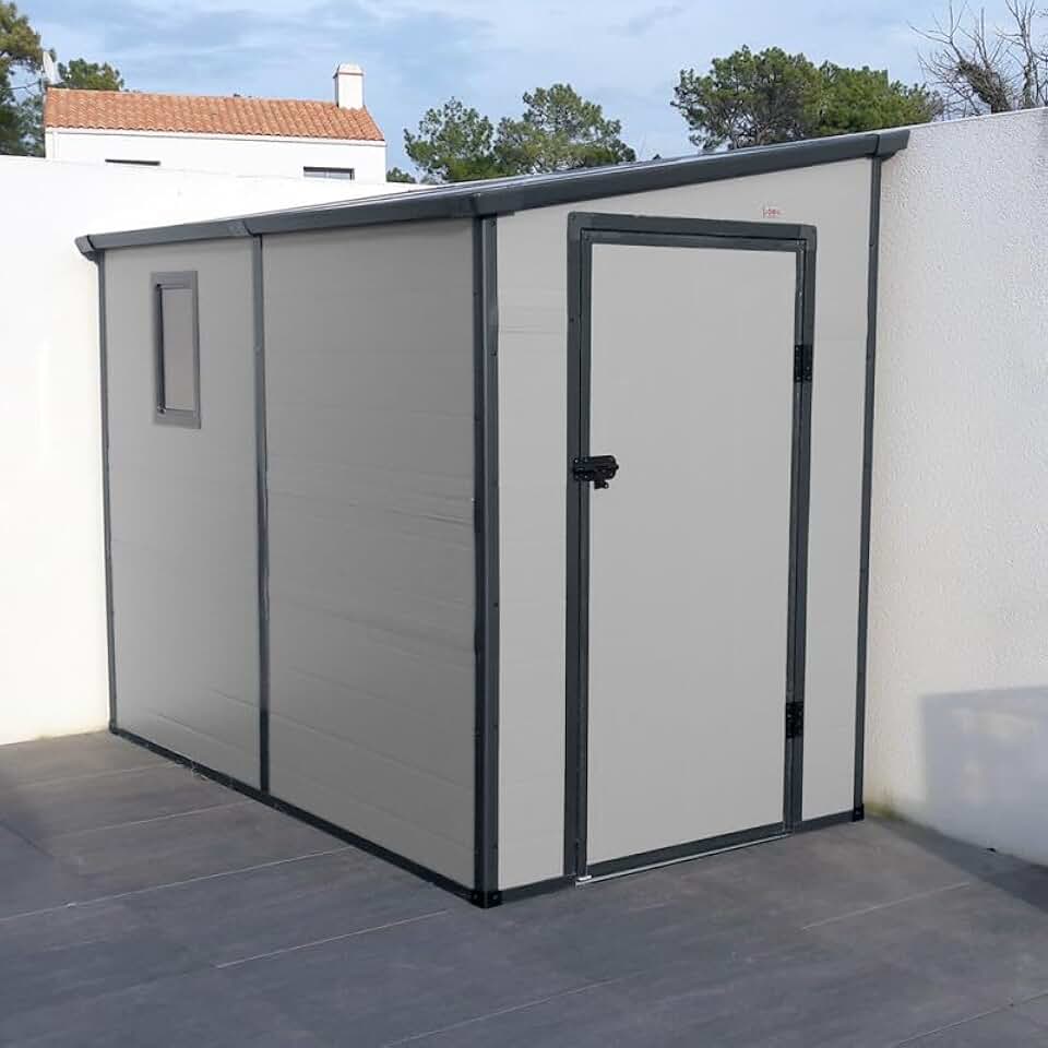 Jôbu Abri de Jardin Adossé en Résine 3,55m² | Gris Clair avec Fenêtre et Aération | Kit de Fondation Inclus | Structure Acier Galvanisé