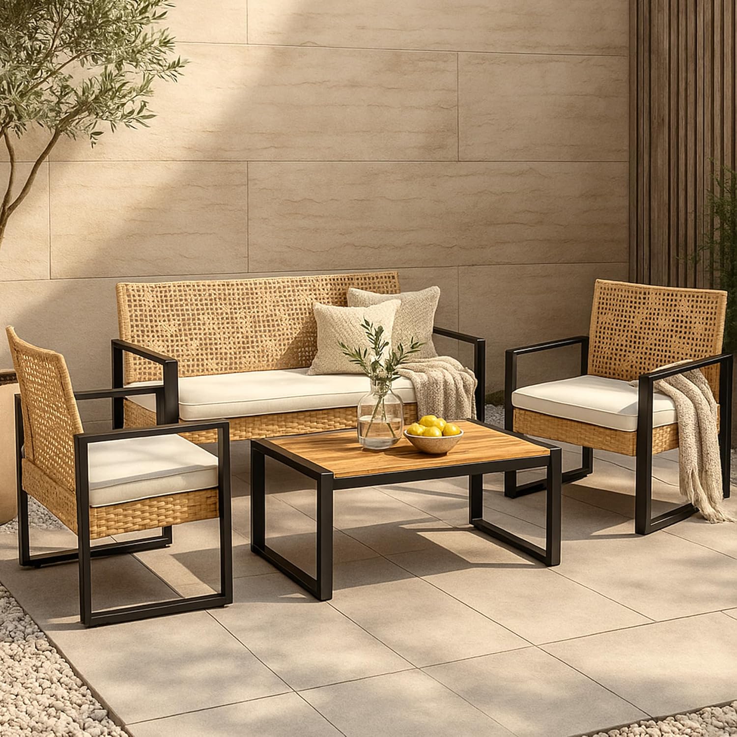 casa.pro - Salon de jardin 4 pièces, acier/acacia, 2 chaises + banc, beige/naturel