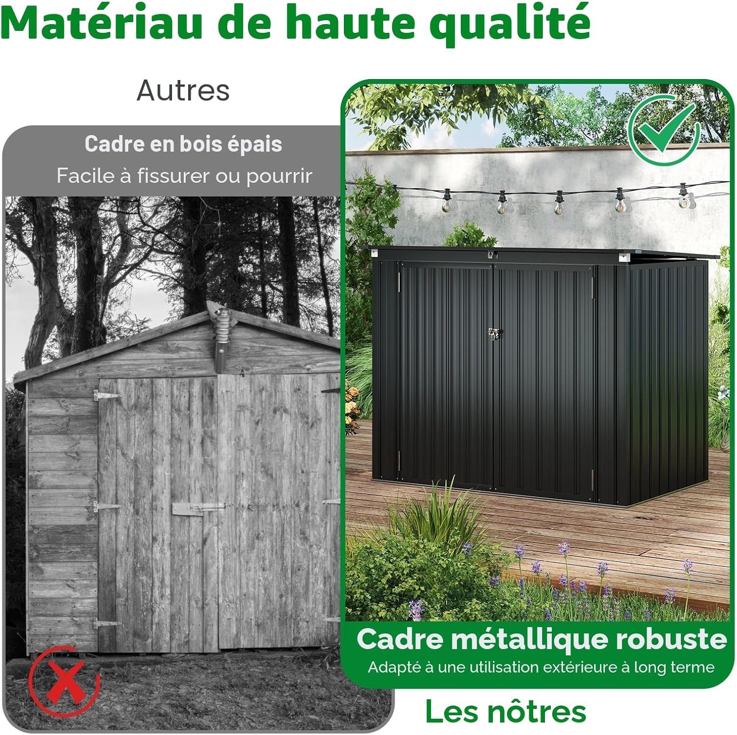 HOMASIS 1.7m Abri de Jardin Métal Exterieur avec Couvercle Rabattable, Cabane de Jardin avec Double Porte, Abri à Outils Structure Renforcée, Haute Résistance pour Ferme, Terrasse,172 x 101 x 130 cm