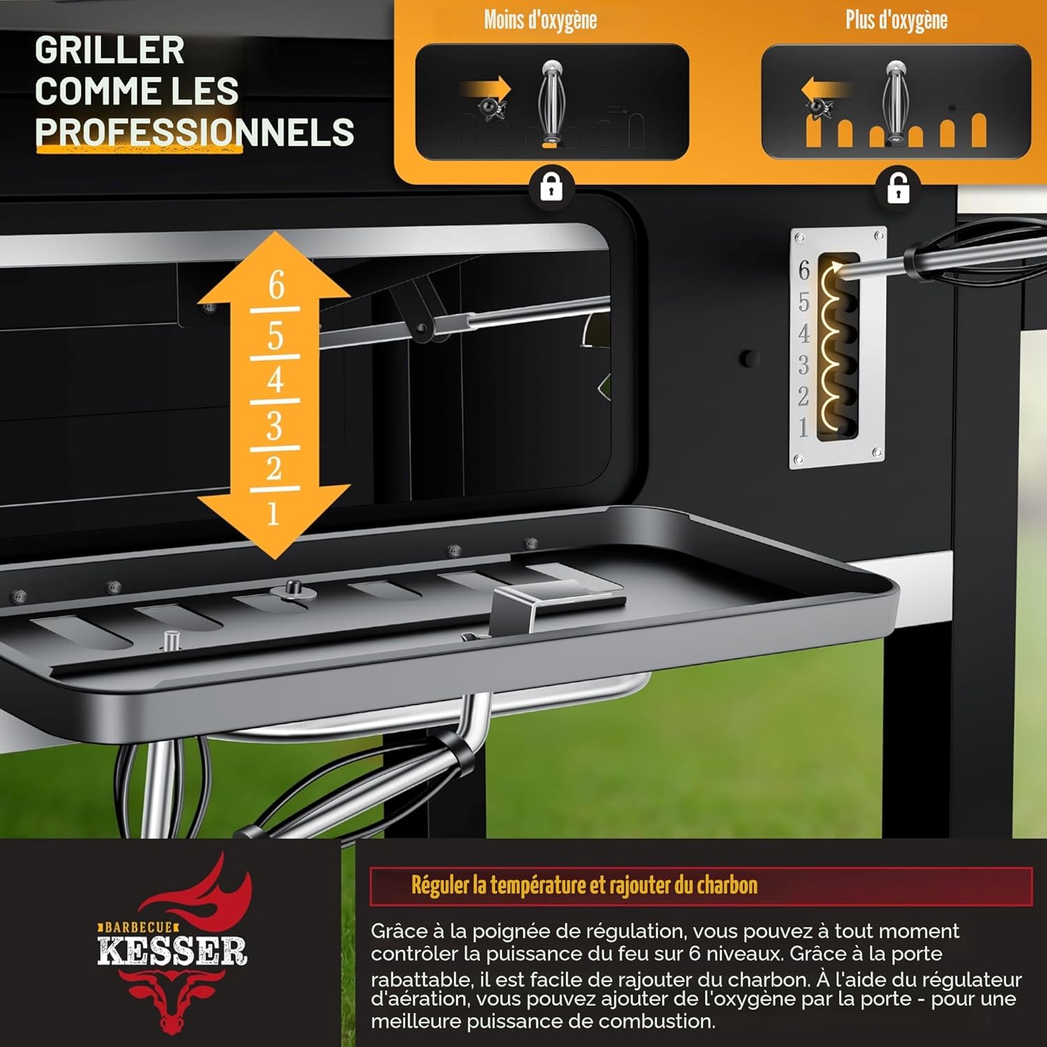 KESSER - barbecue charbon XXL - sur pied, thermomètre, 8 brochettes