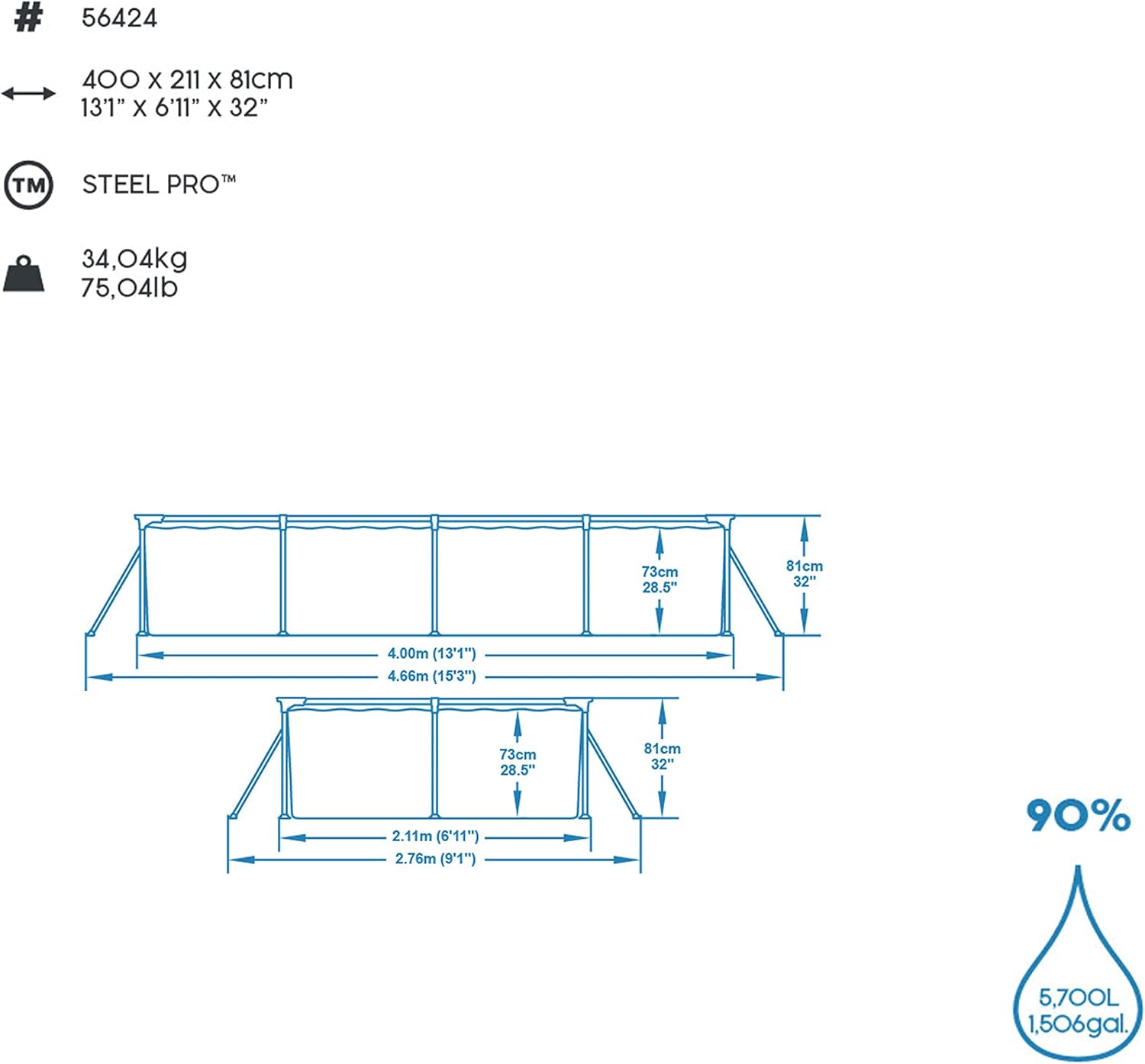 Bestway – Steel Pro – Piscine rectangulaire pour Enfant – avec Cadre en Acier et Pompe filtrante Piscine pour Enfant. 400 x 211 x 81 cm Bleu