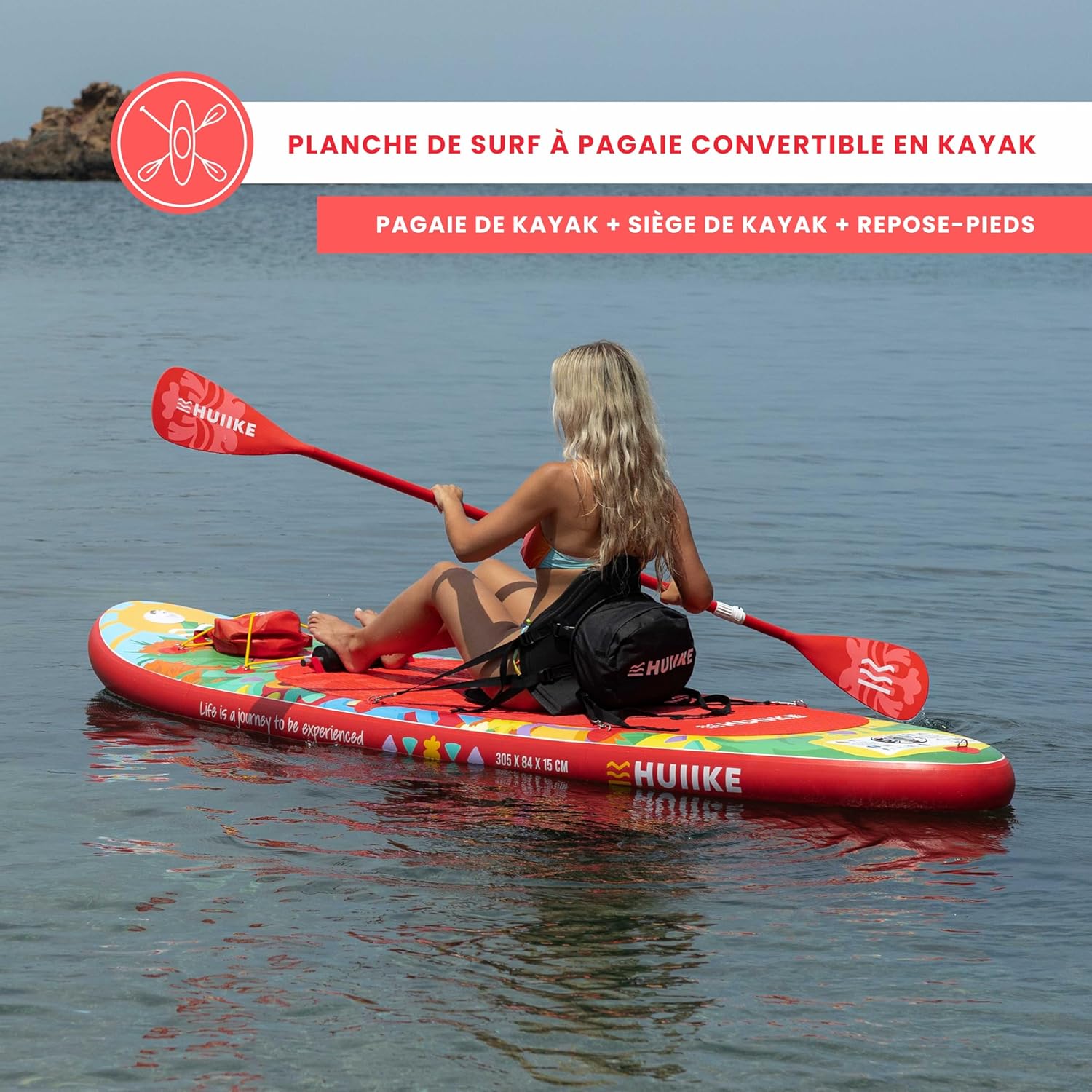 HUIIKE Paddle Gonflable Adulte avec Accessoires Inclus, Pagaie, Ailerons, Pompe. Planche de Stand Up Paddle Grande Stabilité et Résistance. 305 x 84 x 15 cm, Jusqu'à 130 kg