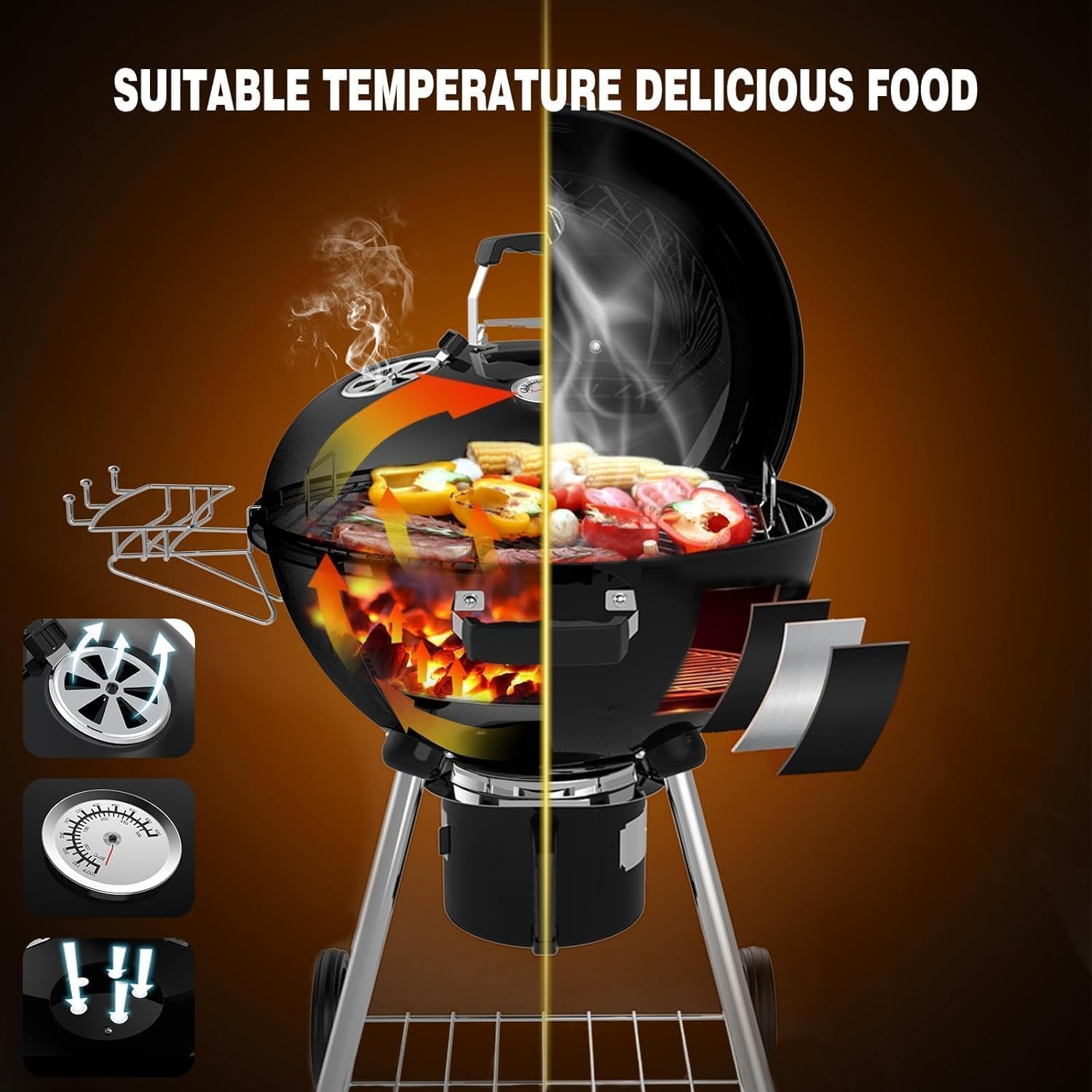 TEENO - 21 inch Barbecue boule, 83x71x105,5cm, tiroir à cendres, couvercle