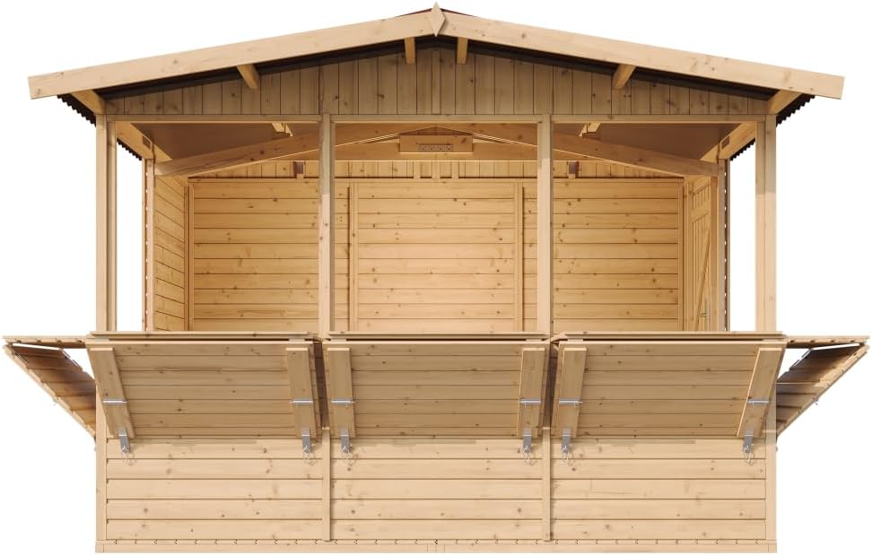 TIMBELA Abri de Jardin en Bois M150B – Kiosque Bois - Stand Marché avec 5 Fenêtres, L336xP263xH232 cm / 6 m², Facile à Monter et à Démonter, Bar Jardin