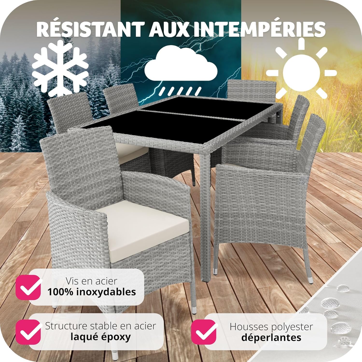 tectake - Salon jardin poly rotin, table et 6 chaises, UV, gris clair/crème