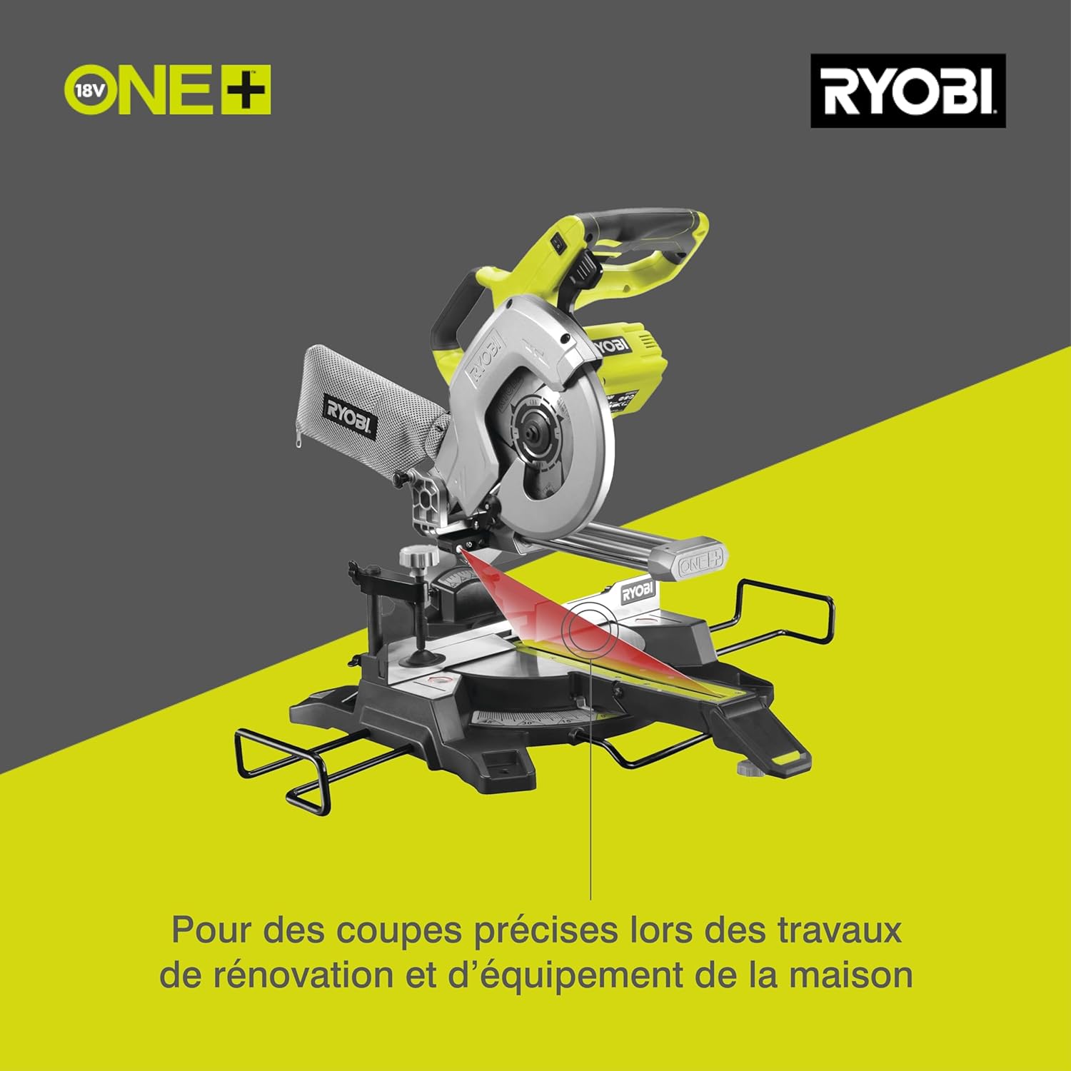 RYOBI - Scie à Onglet Radiale Sans Fil 18V ONE+ R18MS216-0 – Lame Ø216 mm 48 dents, Coupe Précise, Guidage Laser, Idéale Bois, Plinthes, Parquets – Batterie Non Incluse