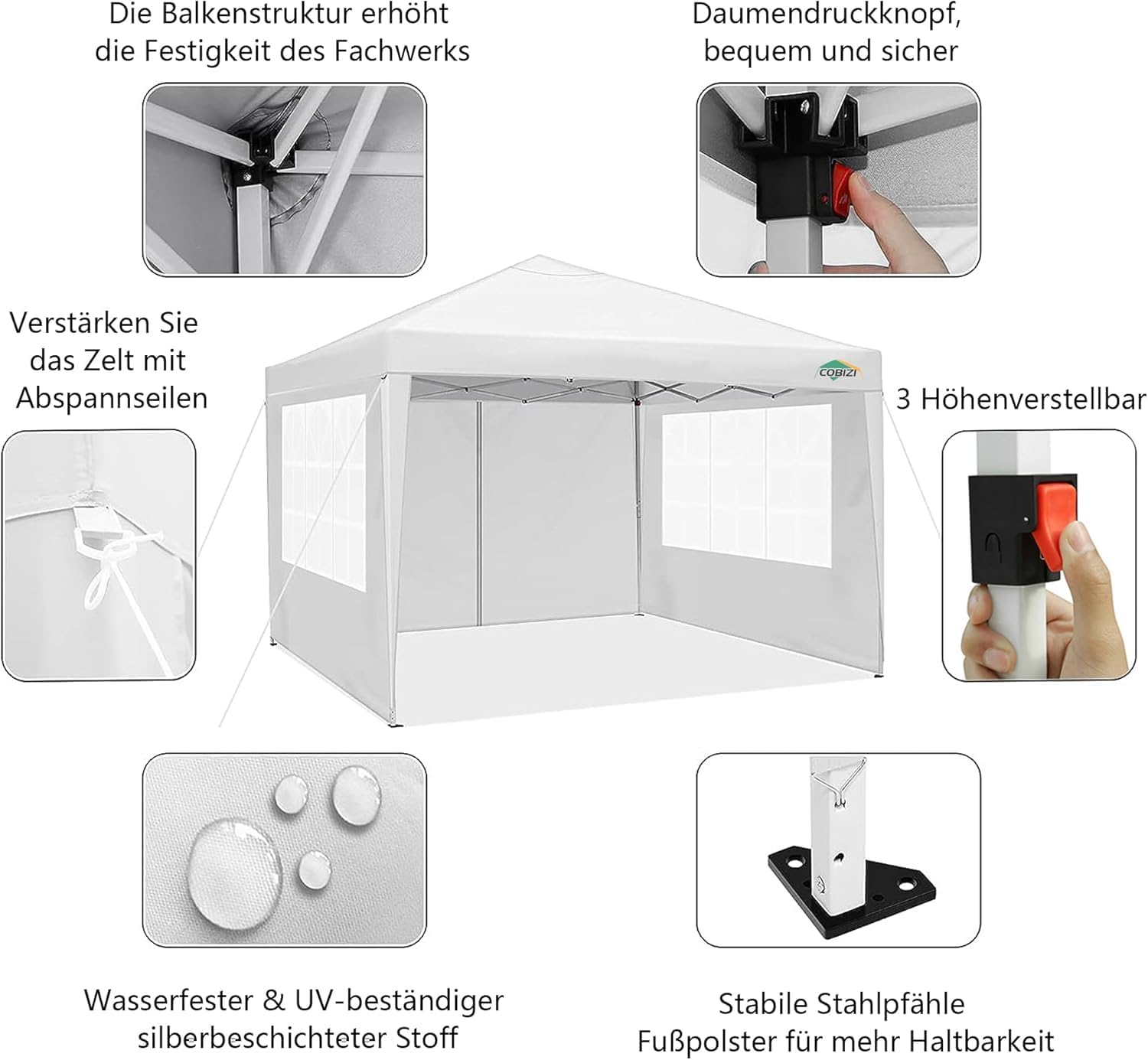 COBIZI - tonnelle pliable 3x3m - imperméable, anti-UV, panneaux amovibles