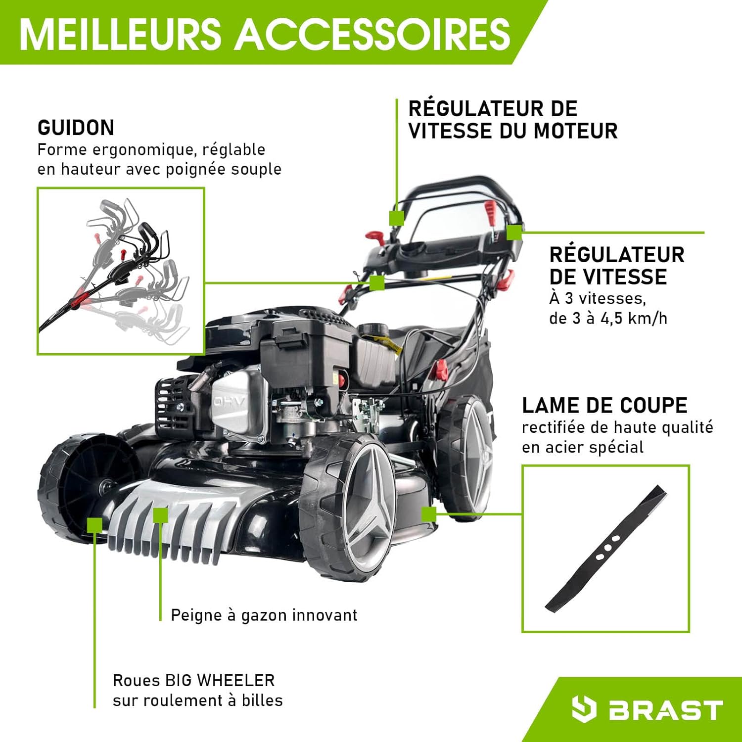 BRAST - tondeuse série Speed - 46cm - 3,5kW, mulching, 4en1, moteur 170cc