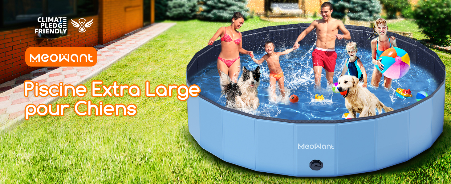 Le texte indique « Piscine Extra-Large Pour Chiens ». Grande piscine gonflable circulaire bleue pour chiens montrée en cours d'utilisation à l'extérieur sur l'herbe.
