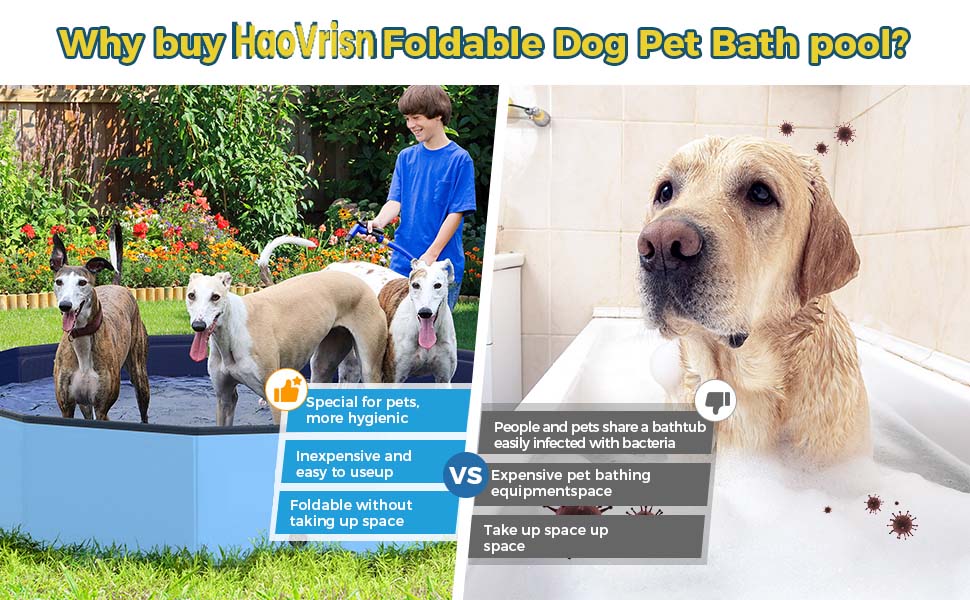 Comparaison entre une piscine de bain pliable pour chien et une baignoire traditionnelle. La gauche montre des chiens dans une piscine bleue à l'extérieur. La droite montre un chien mouillé dans une baignoire blanche. Le texte met en évidence les avantages de la piscine pliable.