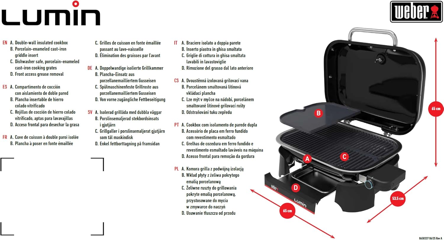 Weber - Lumin - 33x49 cm - Barbecue électrique, fonte, 315°C, thermomètre 1502045