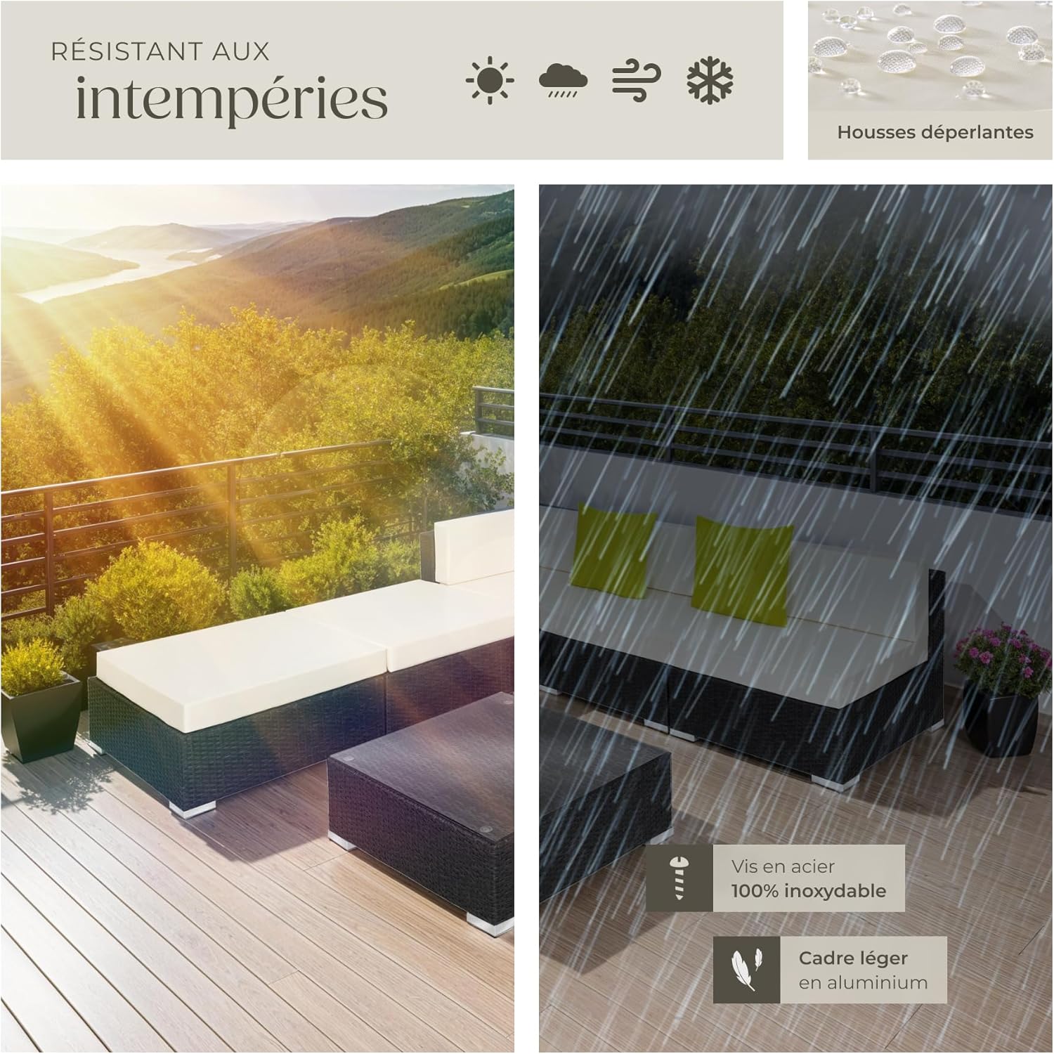 tectake - Salon de jardin XXL modulable - 5 places - poly rotin, table, poufs