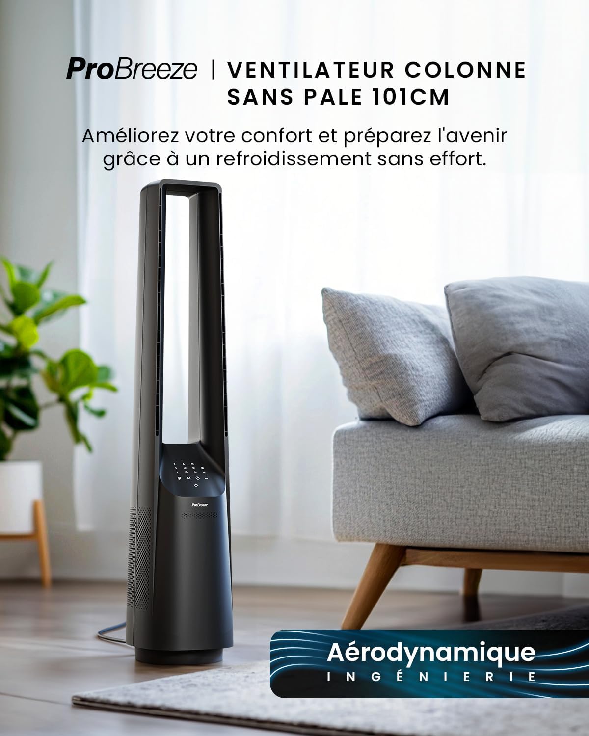 Pro Breeze Ventilateur Colonne Sans Pale - Ventilateur Tour Silencieux, Hauteur 101 cm avec 6 Vitesses, Oscillation 60°, Ventilateur Sans Lame Rafraichisseur d'Air Bladeless Noir