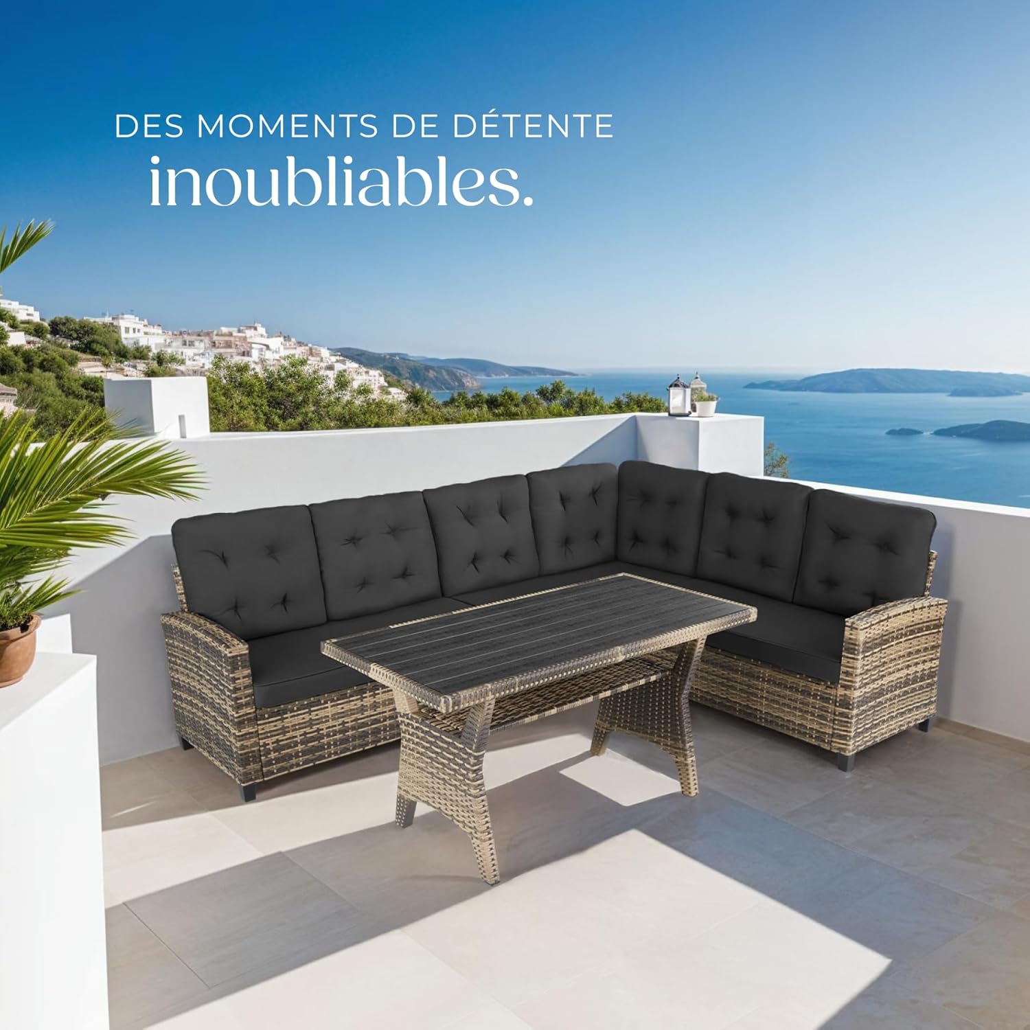 Tectake - salon de jardin XXL 6 places, rotin, coussins moelleux, table