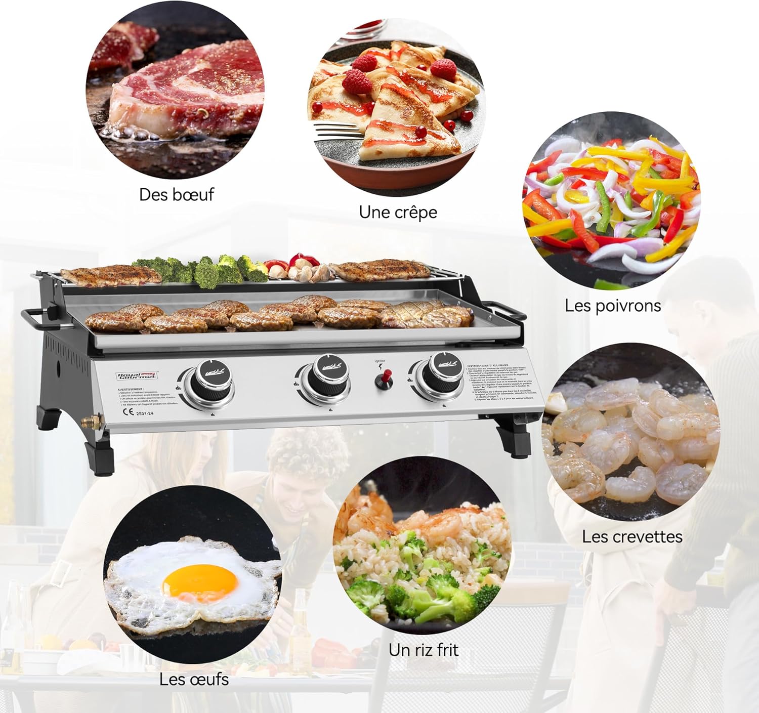 Royal Gourmet - Plancha gaz inox 3 brûleurs 61,5x32cm, 7,5kW, usage extérieur