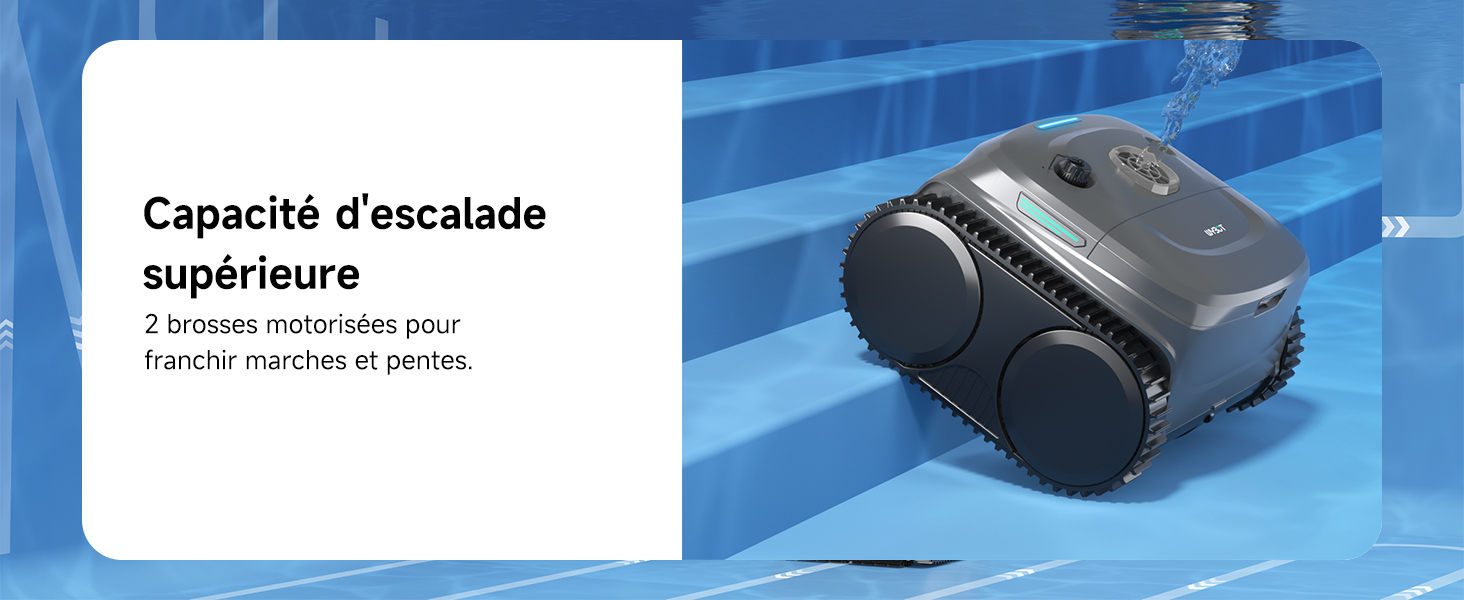 avec de grandes roues sur une surface bleue. Le texte suggère une capacité d'escalade supérieure sur les marches et les pentes.