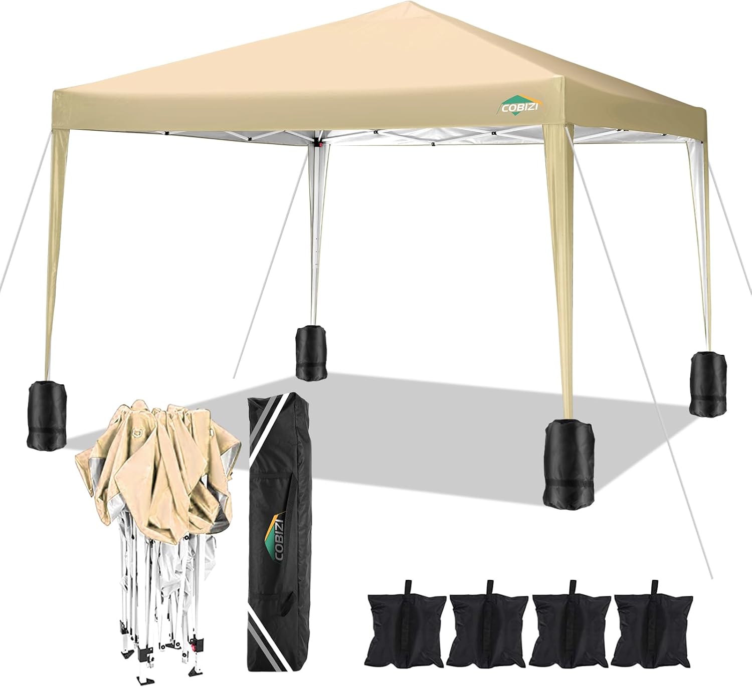 COBIZI - Tonnelle série escamotable 3x3 m, côtés, imperméable, 4 sacs de sable, extérieur, kaki