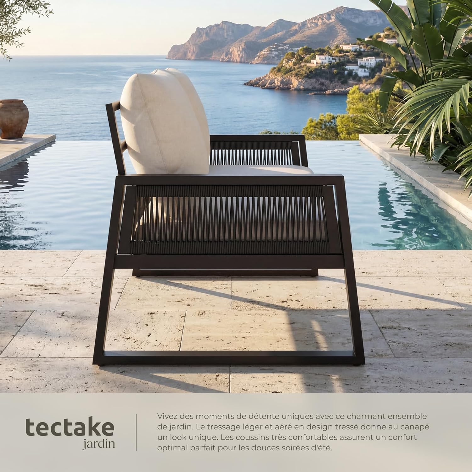 tectake - Salon jardin alu 4 places, canapé, fauteuils, table, coussins inclus