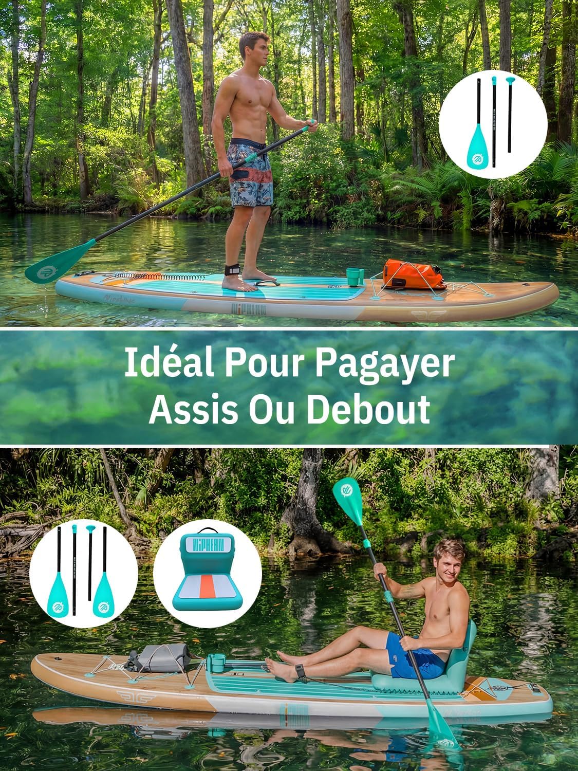 Niphean Extra Large Paddle Gonflable, Sup à 2+1 Personnes/Famille, Planches de Stand Up Paddle Gonflables avec (Idéal Débutant) Aileron Équilibré, Housse Étanche, Paddle Gonflable Adulte, Cadeaux