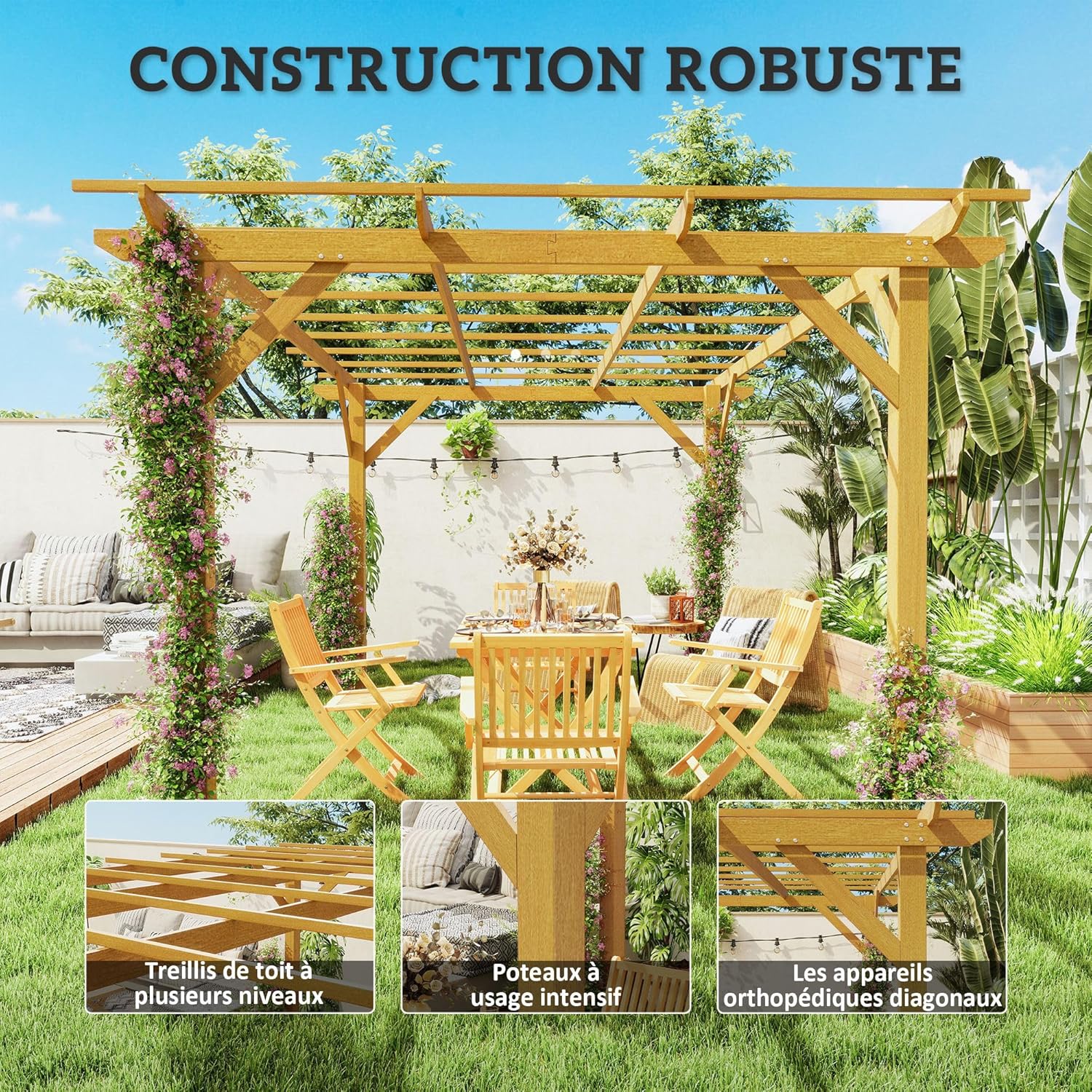 Outsunny - pergola jardin bois naturel - 3x4m - idéale vignes et fleurs