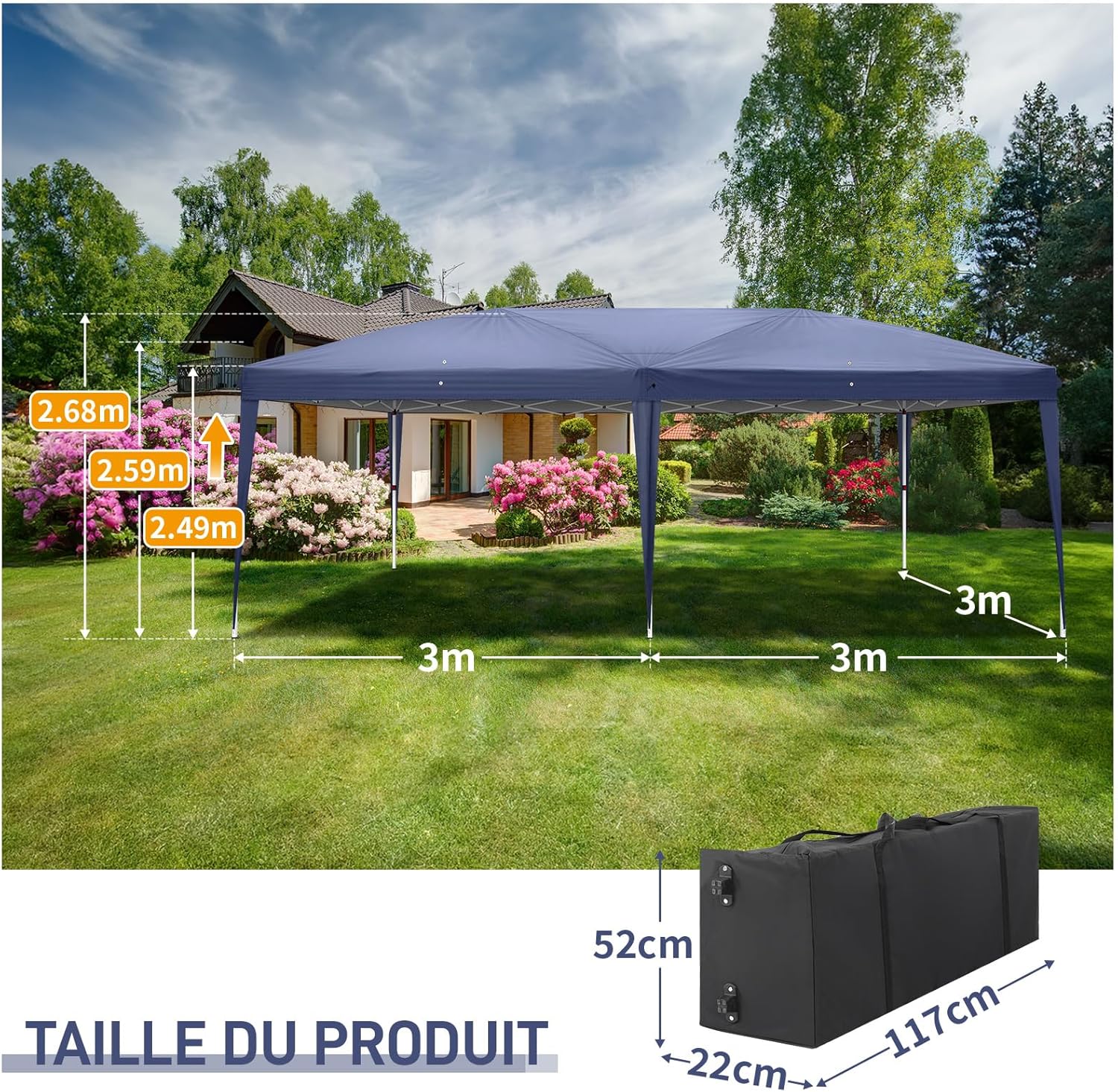 Leadzm - tonnelle pliable 3x6m, acier, UV50+, 4 côtés, réglable