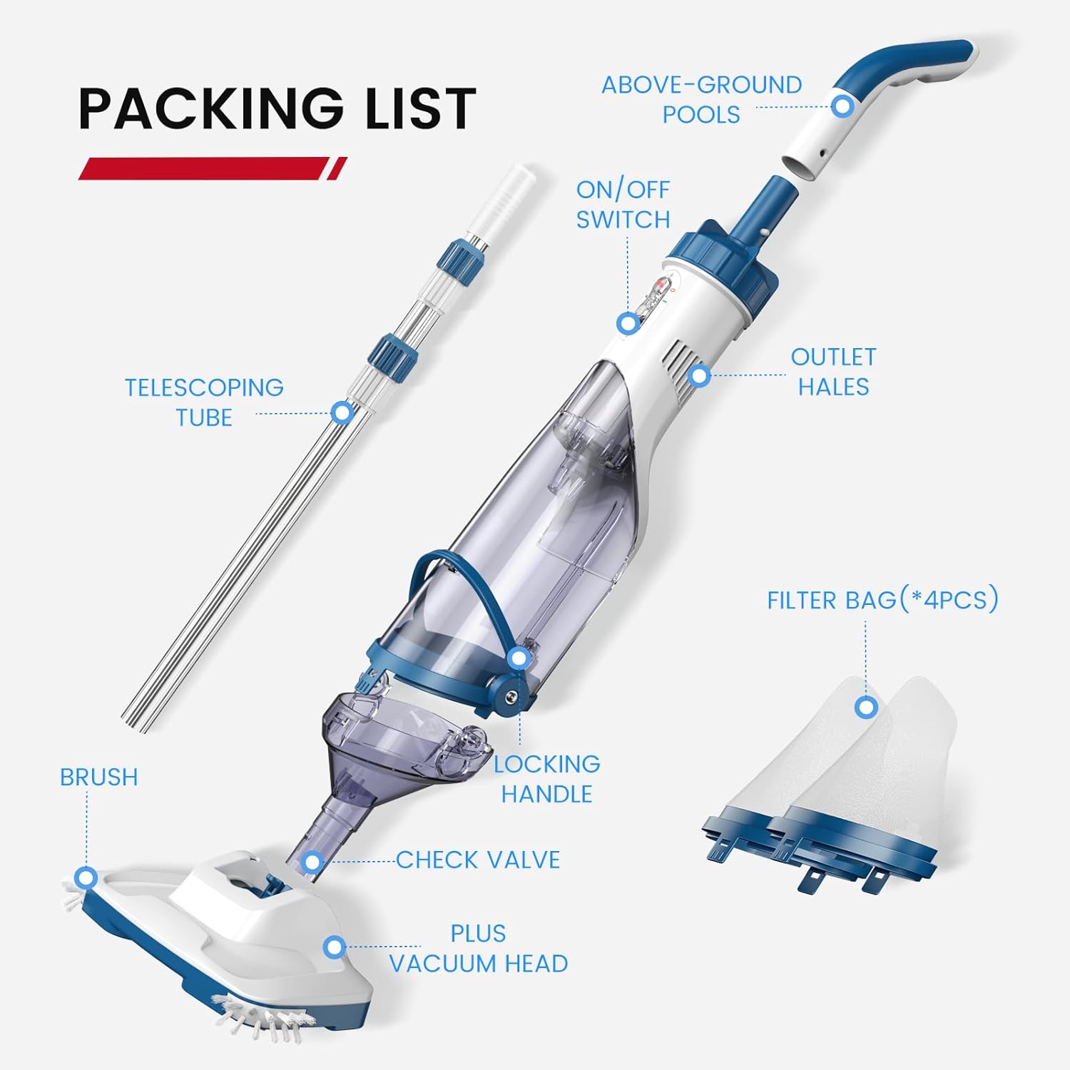Enhulk - Aspirateur de piscine série sans fil - 34cm - 4200L/H, 60min, 3 filtres, perche