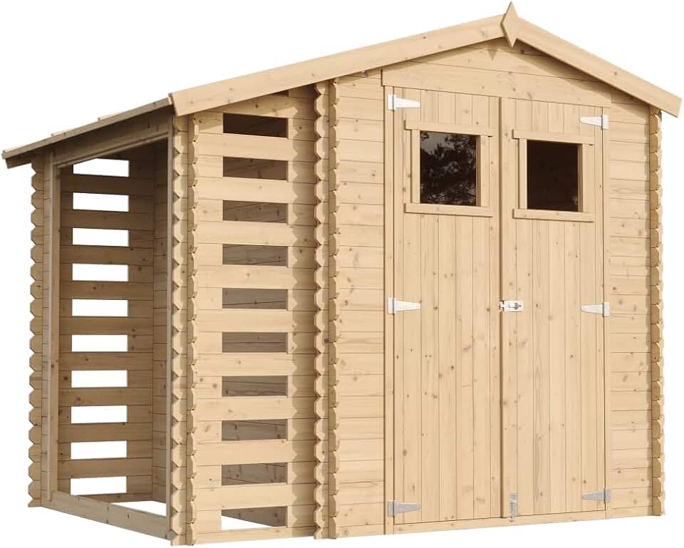 Abri de Jardin en Bois et Range bûches extérieur - Stockage extérieur I206xL272xH218 cm/ 3,53 + 0,97 m2 Petit abri à Outils, Local à vélos - TIMBELA M386