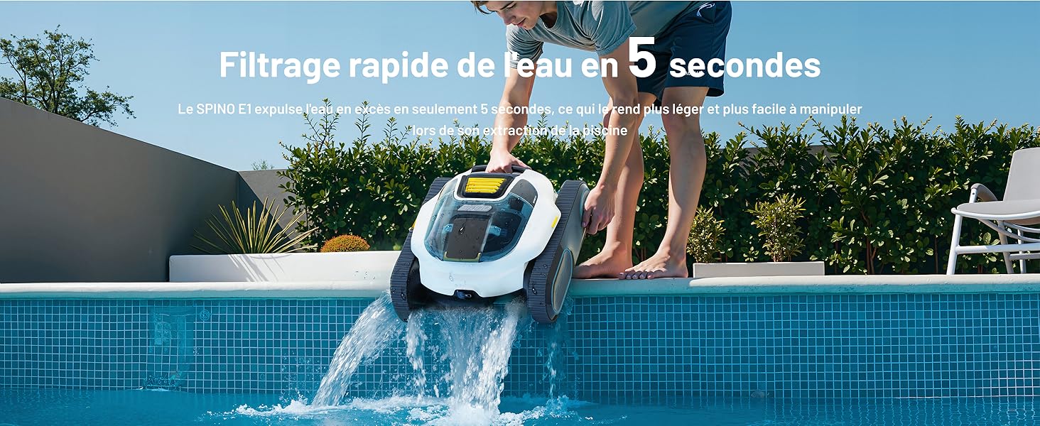 Le texte indique « Filtrage rapide de l'eau en 5 secondes ». Scène de piscine montrant un système de filtration d'eau en action avec de l'eau de piscine bleue.