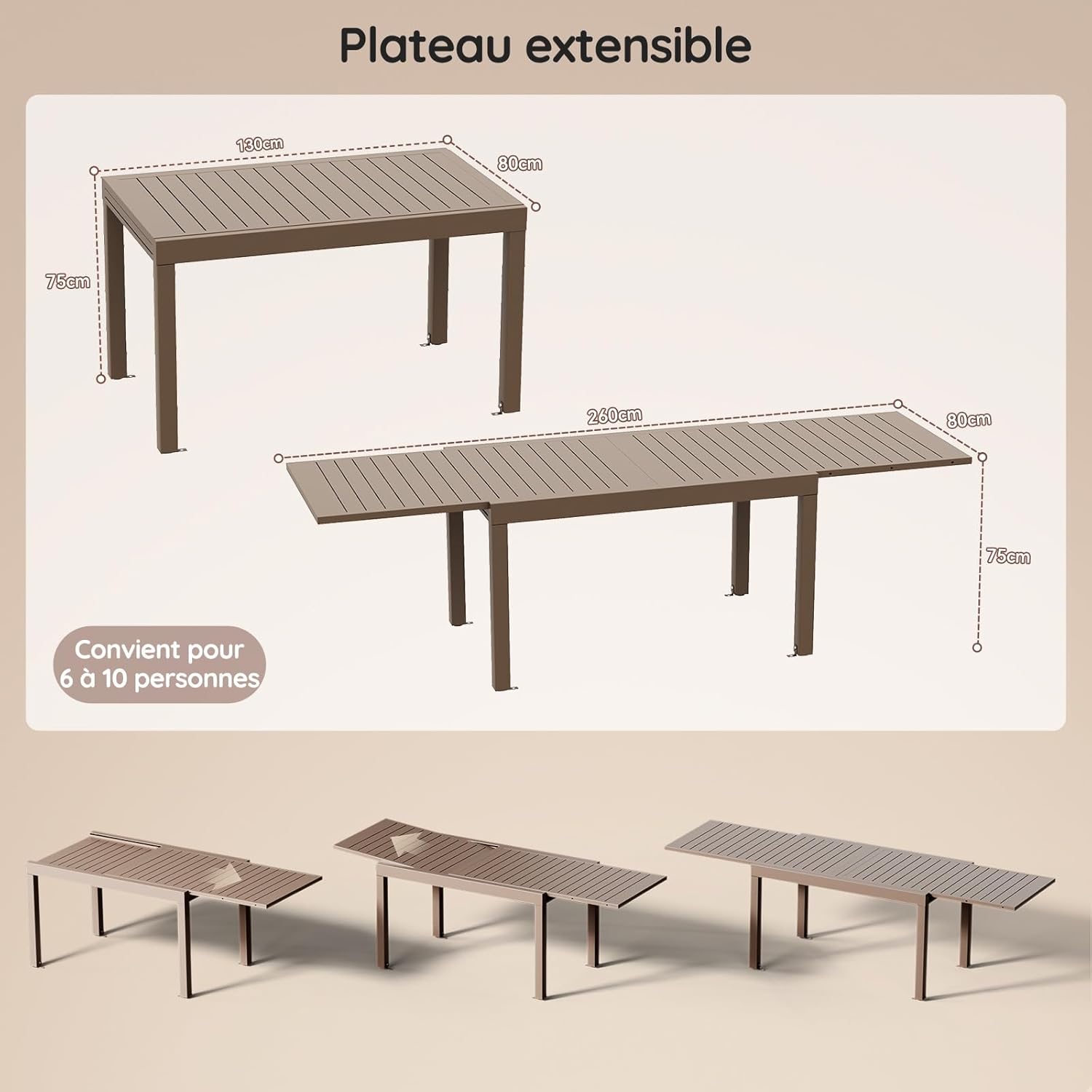 Devoko - Table de jardin extensible - 130-260x80x75 cm - aluminium, extérieur, marron