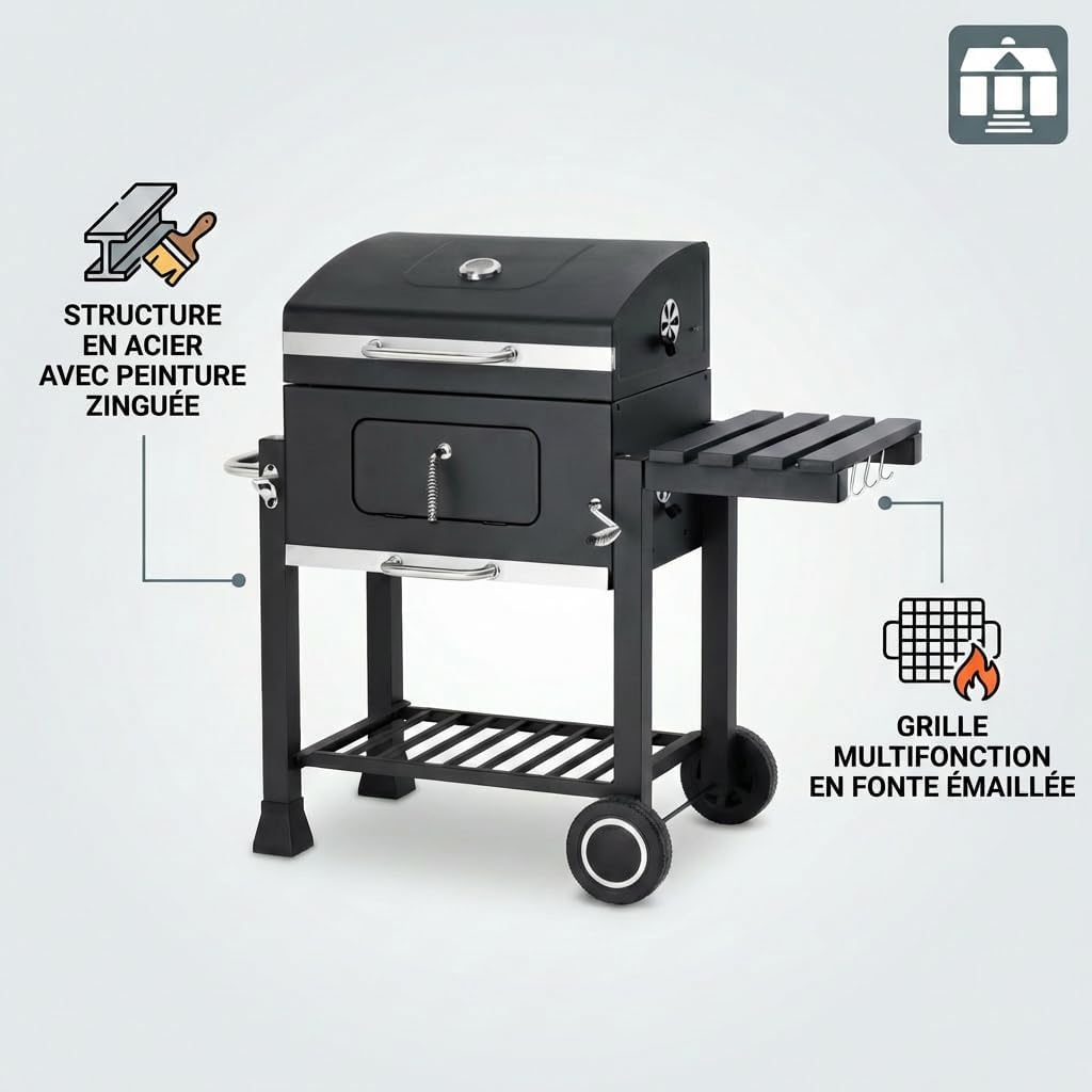 Tarrington House - Memphis - acier, grille, tablette pliable, roulettes, thermomètre, bac à cendres
