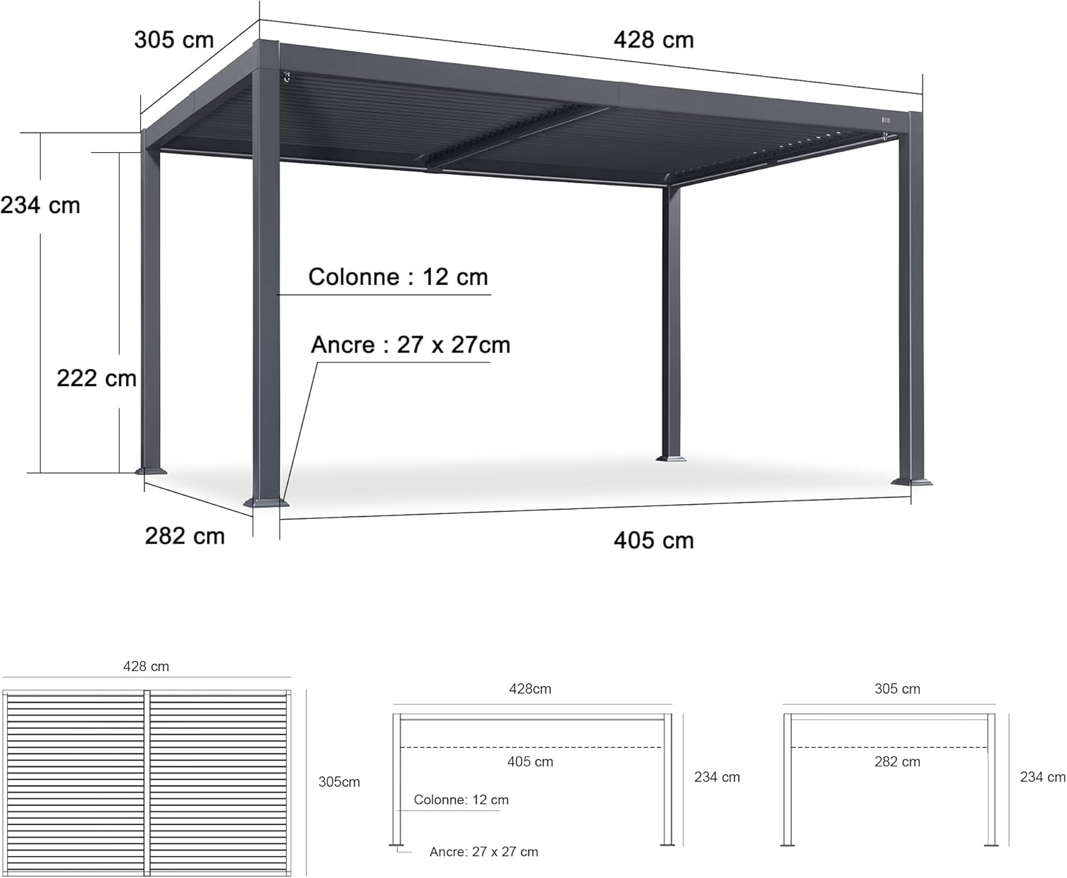 PURPLE LEAF - Pergola aluminium bioclimatique - 3 x 4,25 m - Lames orientables, LED, étanche