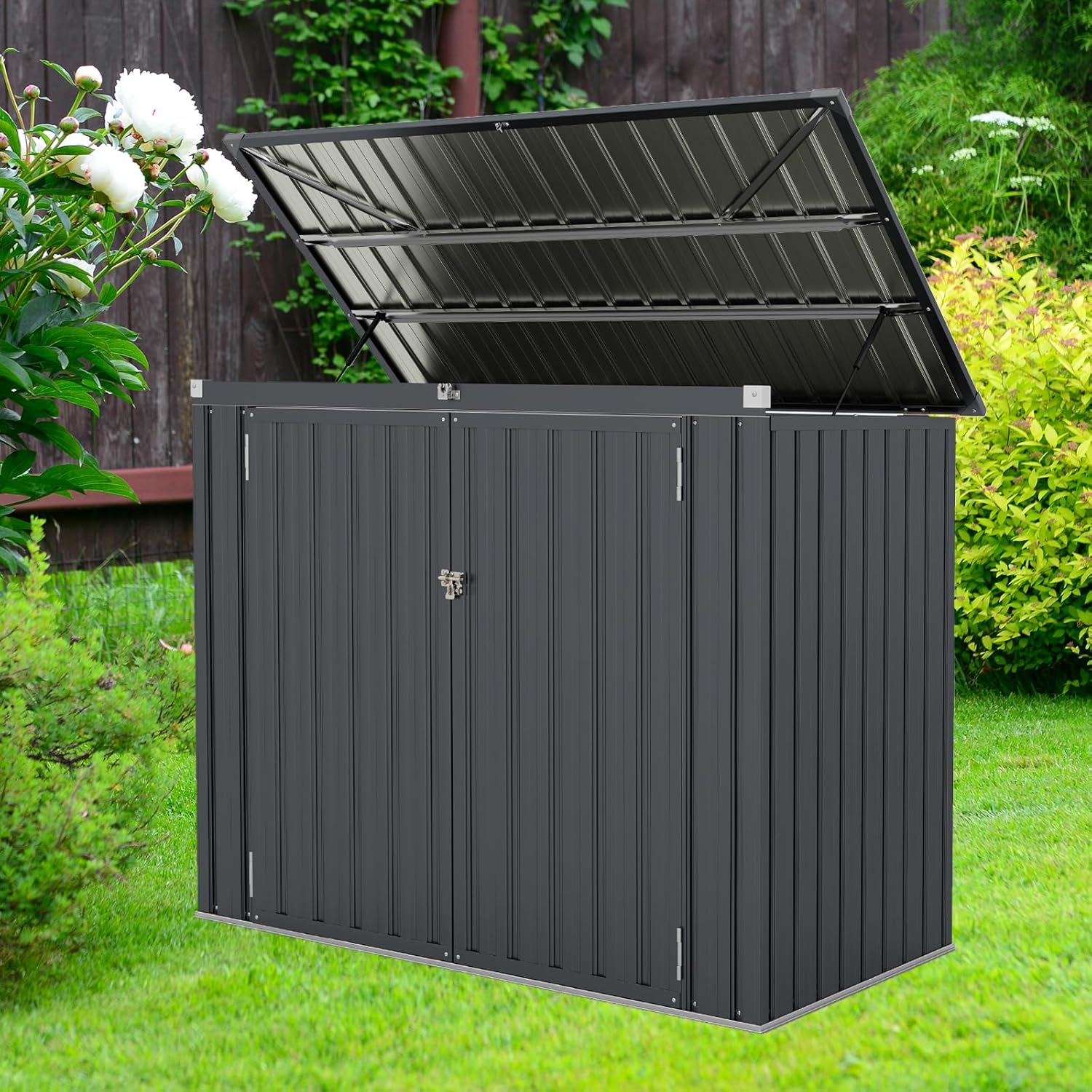 HOMASIS 1.7m Abri de Jardin Métal Exterieur avec Couvercle Rabattable, Cabane de Jardin avec Double Porte, Abri à Outils Structure Renforcée, Haute Résistance pour Ferme, Terrasse,172 x 101 x 130 cm