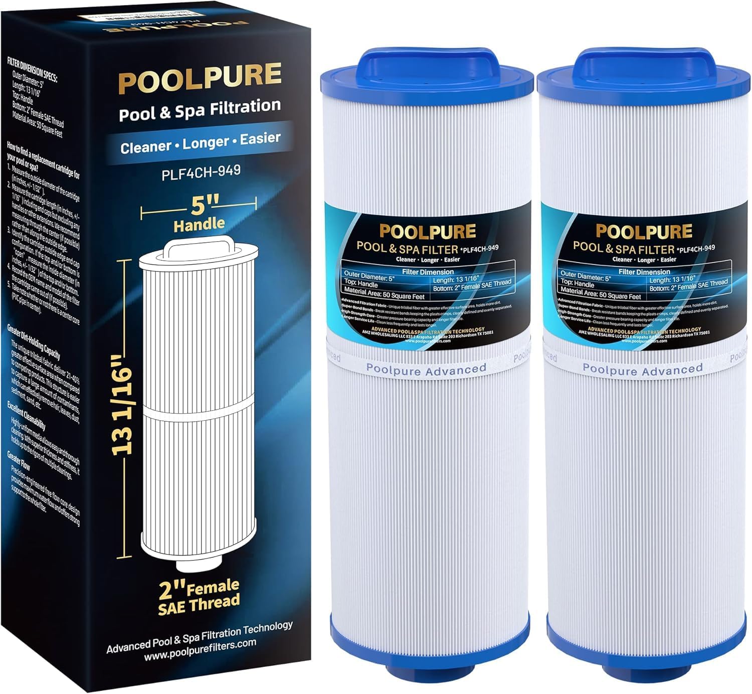 POOLPURE - filtre spa 50 sq ft - lot de 2, haute performance, 4CH-949