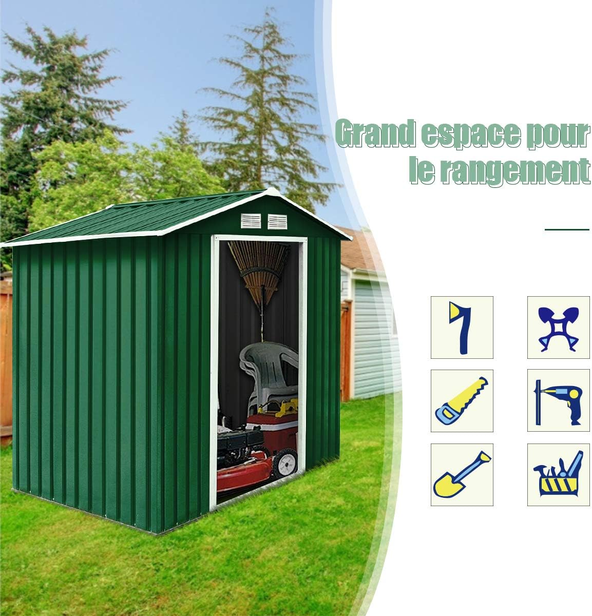 GOPLUS 2,37㎡ Abri de Jardin en Métal Galvanisé avec Base, Cabine de Jardin Extérieur Portes Coulissantes, 4,39m³, Résistant aux Intempéries, Cabane de Rangement à Outils, 213 x 127 x 185 cm, Vert