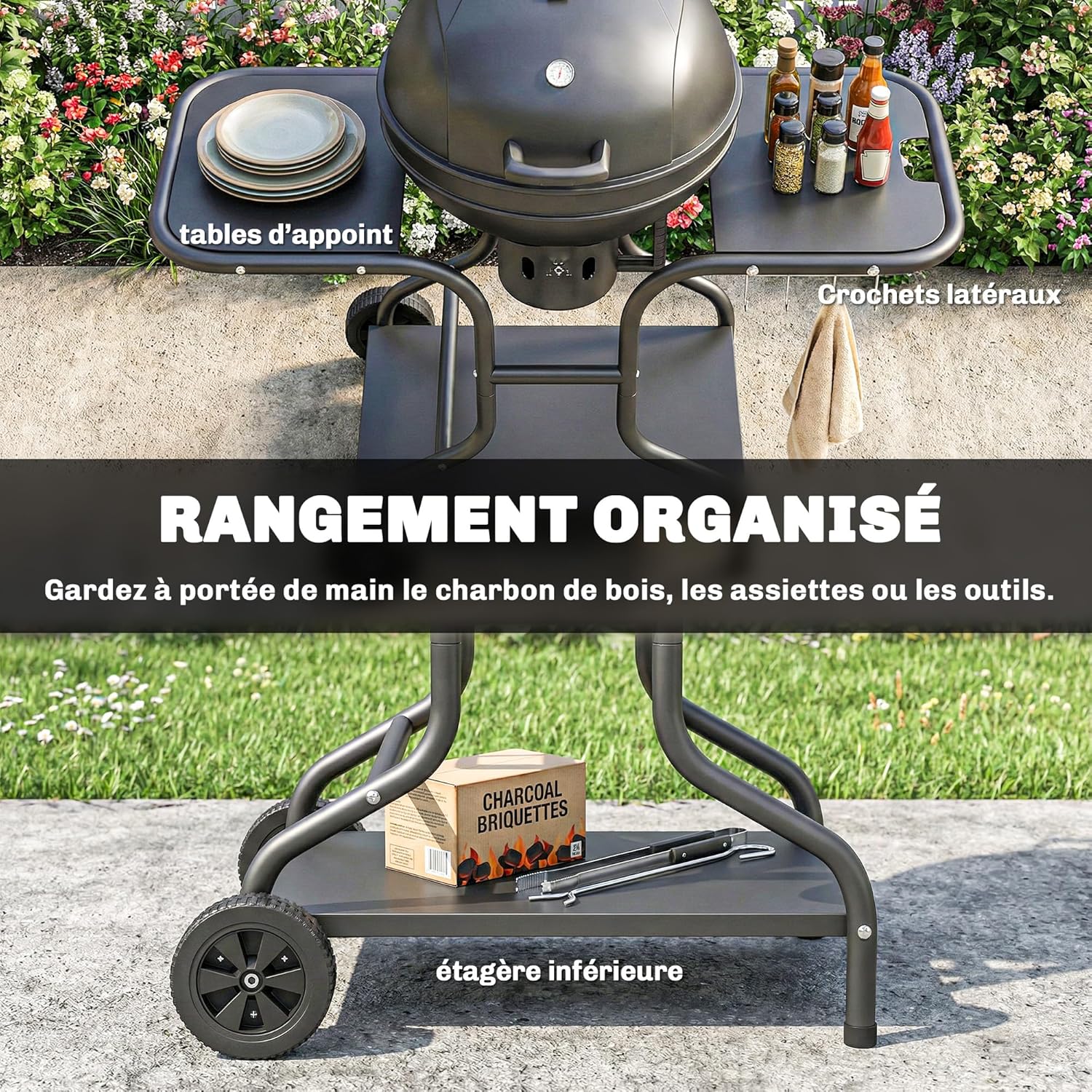 Outsunny - barbecue rond extérieur - 66x55x98cm - couvercle, roues, thermomètre