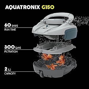 Le texte indique « AQUATRONIX G150 ». Schéma de vue éclatée montrant les spécifications de l'appareil : « 60 minutes de fonctionnement », « filtration de 300 litres », « capacité de 2 L ». Appareil robotique gris et bleu illustré en couches.