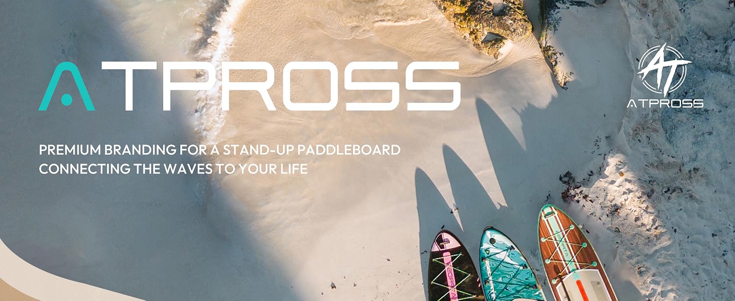 Vue aérienne d'une plage avec trois planches à pagaie colorées. Le texte superposé se lit comme suit : « etevila : une marque haut de gamme pour un stand up paddleboard, qui connecte