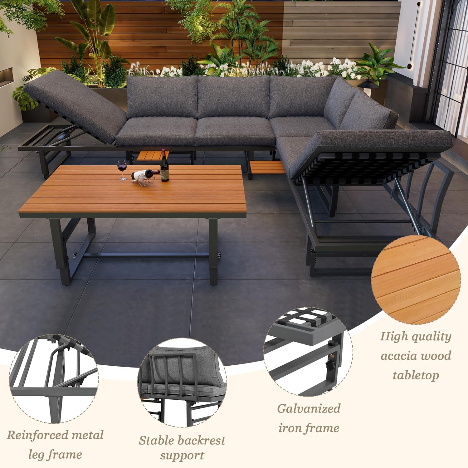 Sapgaks - Ensemble de jardin 6 places, fer, acacia, dossier réglable, table modulable, gris