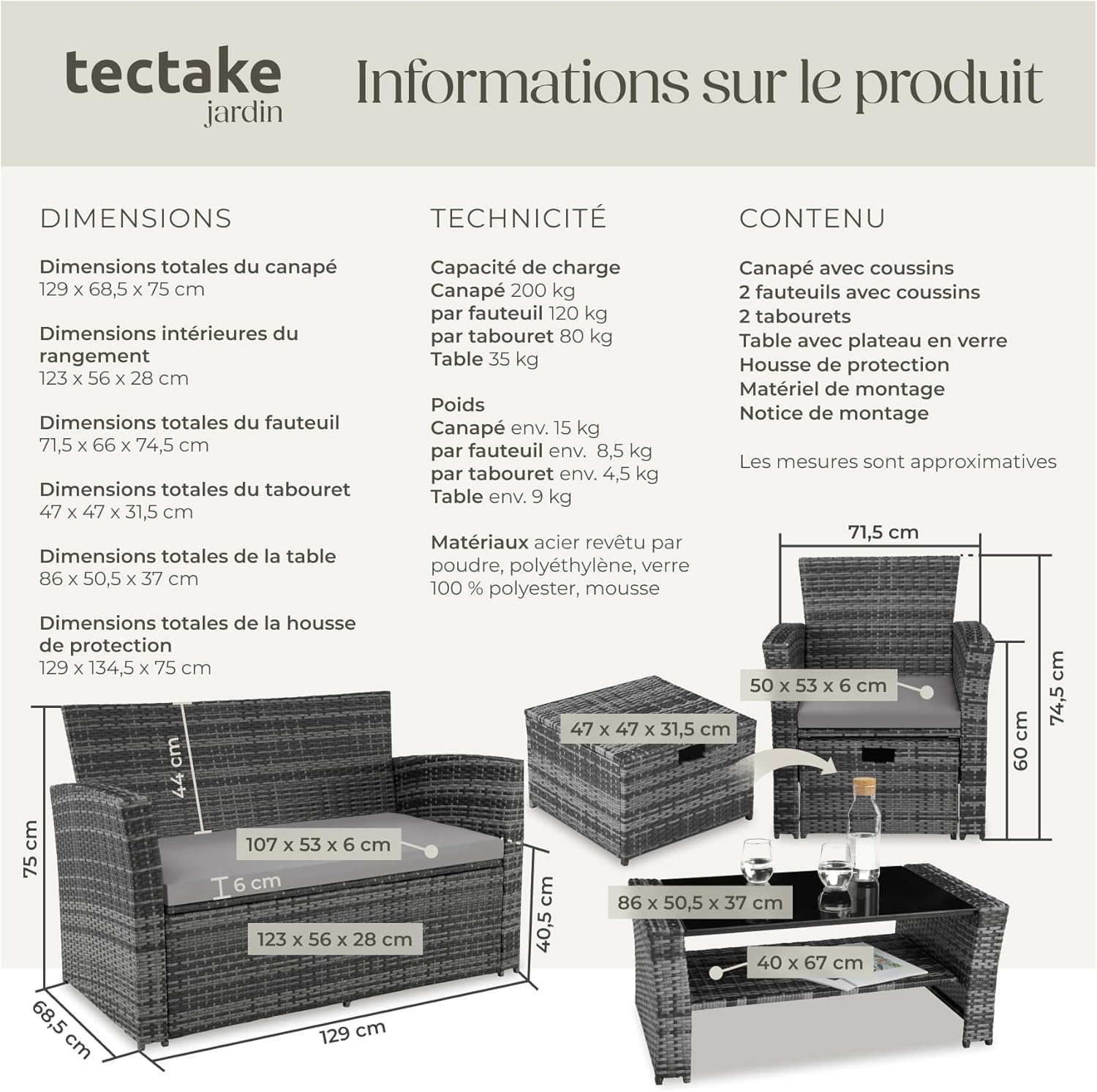 tectake - Salon de jardin polyrotin 6 places, housse incluse, gris