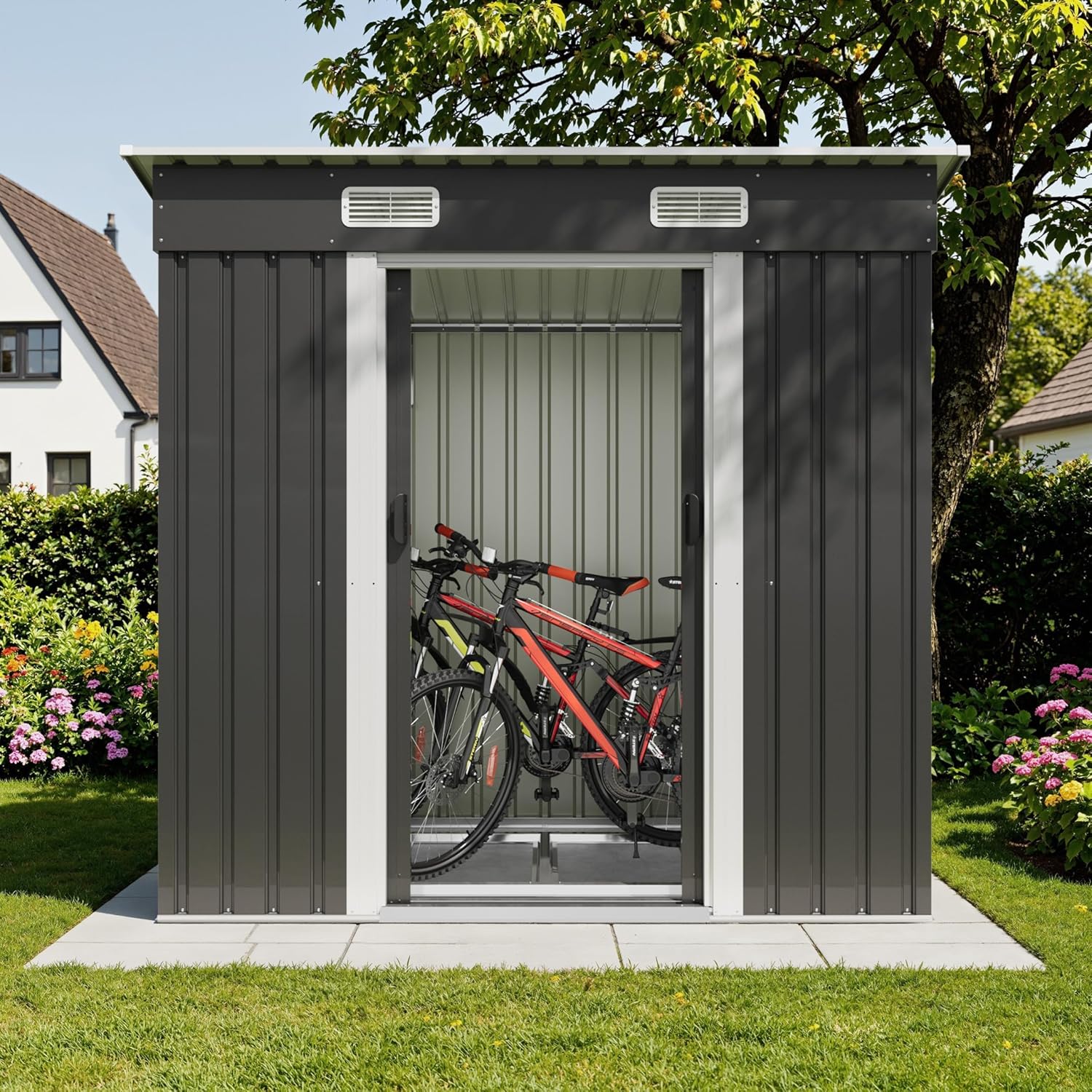 Devoko Abri de Jardin en métal 183x109x182cm avec Fondation, 3,6m³ Abri à Outils avec Toit en Pente et Porte coulissante, Extérieur, Résistant aux intempéries, Abri de Jardin pour vélo, terrasse