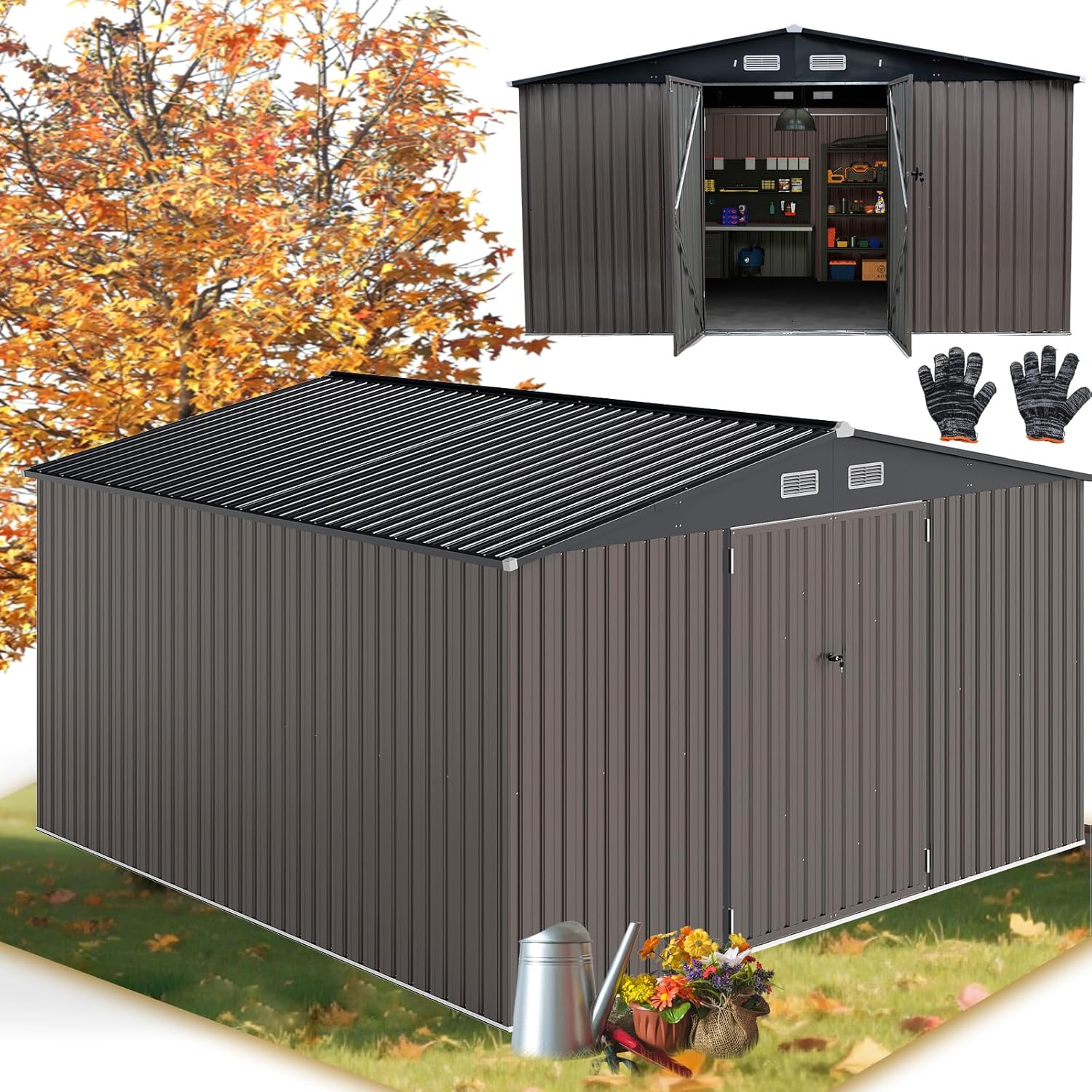 RELAX4LIFE - abri de jardin métal - 350x350x198cm - 2 portes, 12m², toit incliné, 25m³