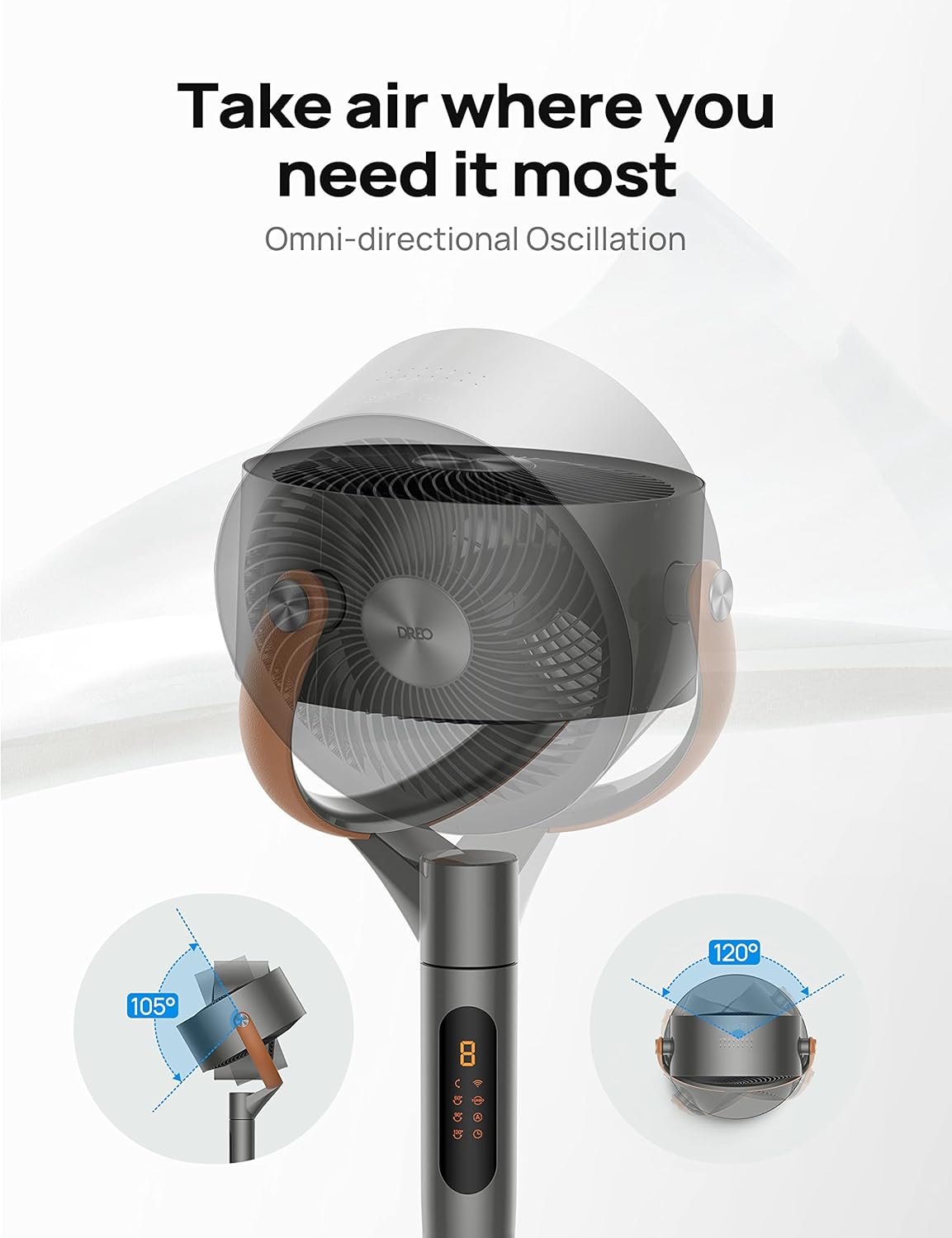 DREO Pedestal Fan with Remote, PolyFan 513S, 43'' Quiet Standing Fan for Home Bedroom, 120°+105° Smart Oscillating Floor Fans with Wi-Fi/Voice Control, Works with Alexa/Google, 6 Modes, 8 Speeds