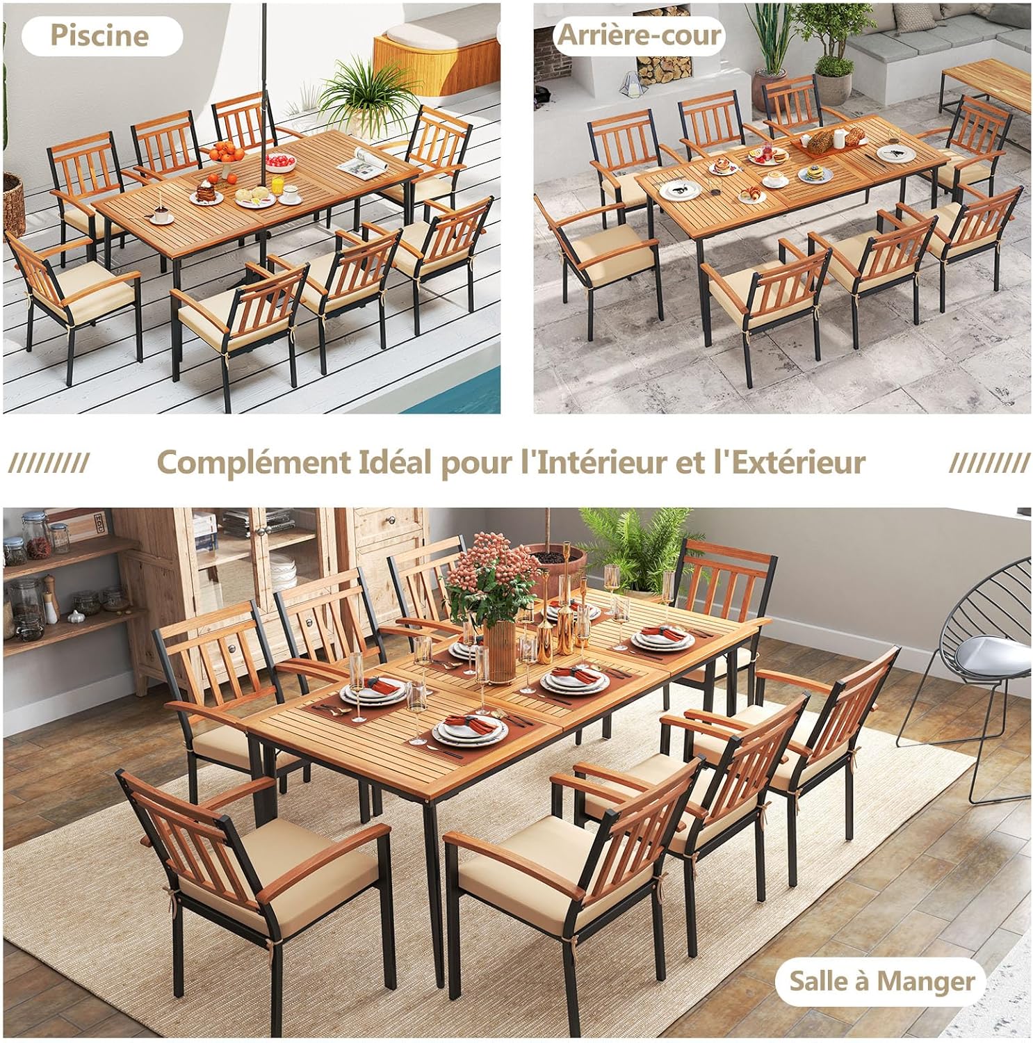 COSTWAY - Table de jardin en bois acacia 200cm, pieds métal, trou parasol