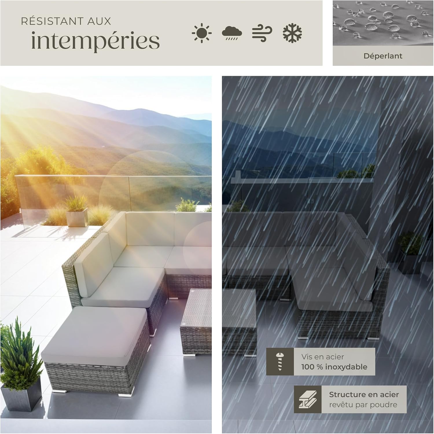 Tectake - Salon de jardin modulable 6 places - rotin, gris, confortable