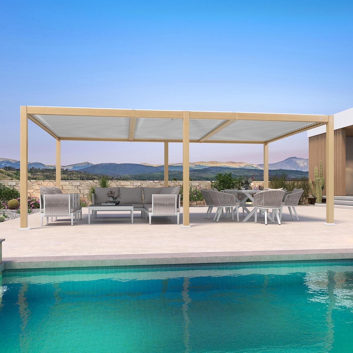 PURPLE LEAF - Pergola Bioclimatique bois effet alu - 3,5x6,35m - lames orientables, imperméable, extérieur
