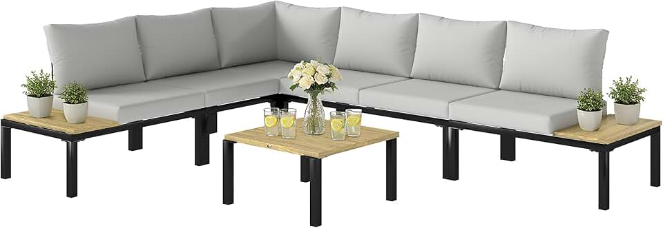 Outsunny - ensemble salon jardin modulable 6 pièces - convertible en lit, table basse intégrée, gris anthracite